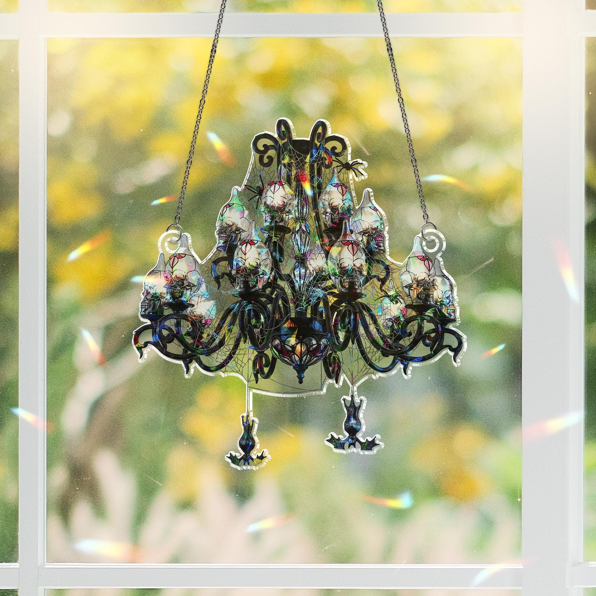 Gothic Skull Chandelier Decor – Haunted House Halloween Light – Spooky Spiderweb Lamp – Dark Witchy Hanging Decoration