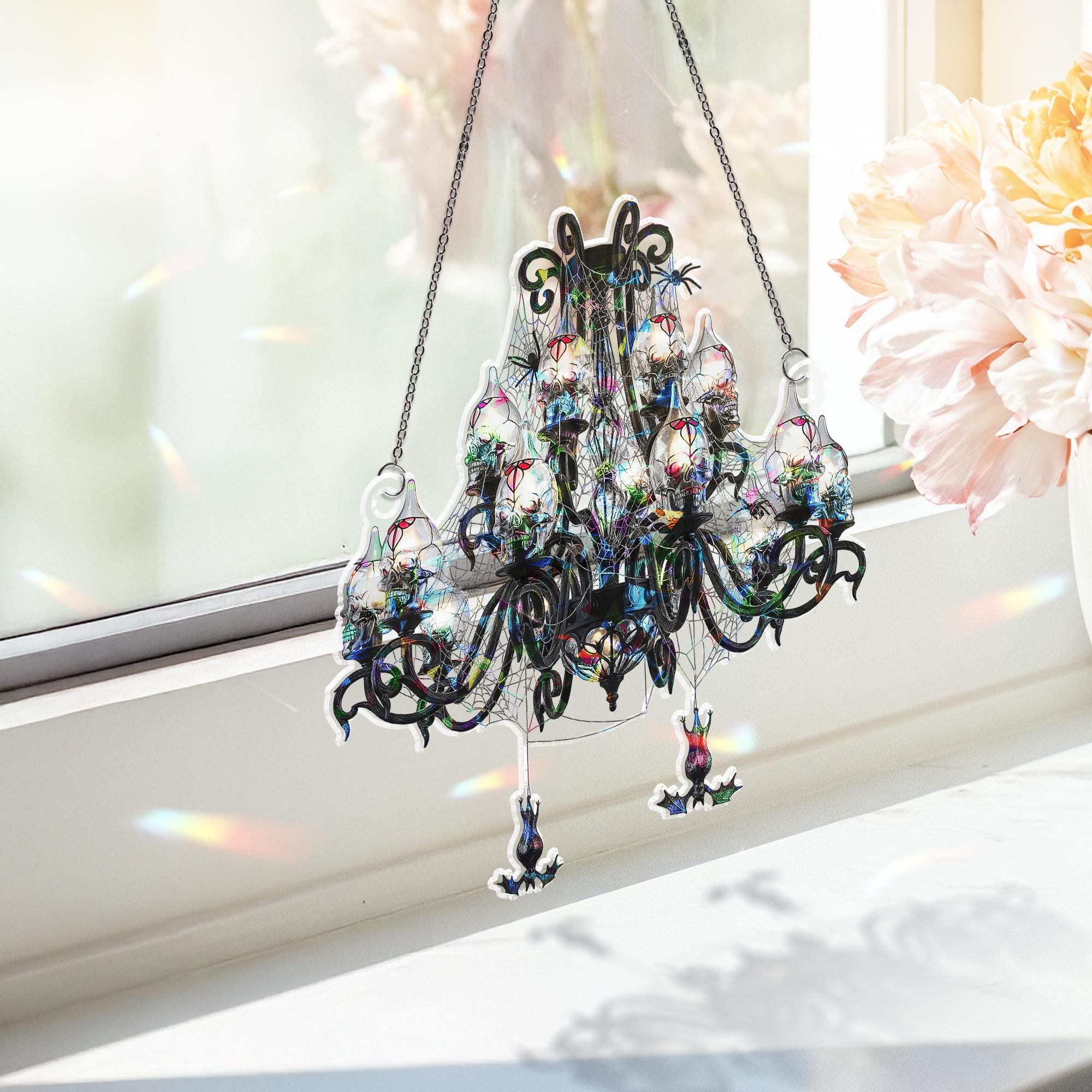 Gothic Skull Chandelier Decor – Haunted House Halloween Light – Spooky Spiderweb Lamp – Dark Witchy Hanging Decoration