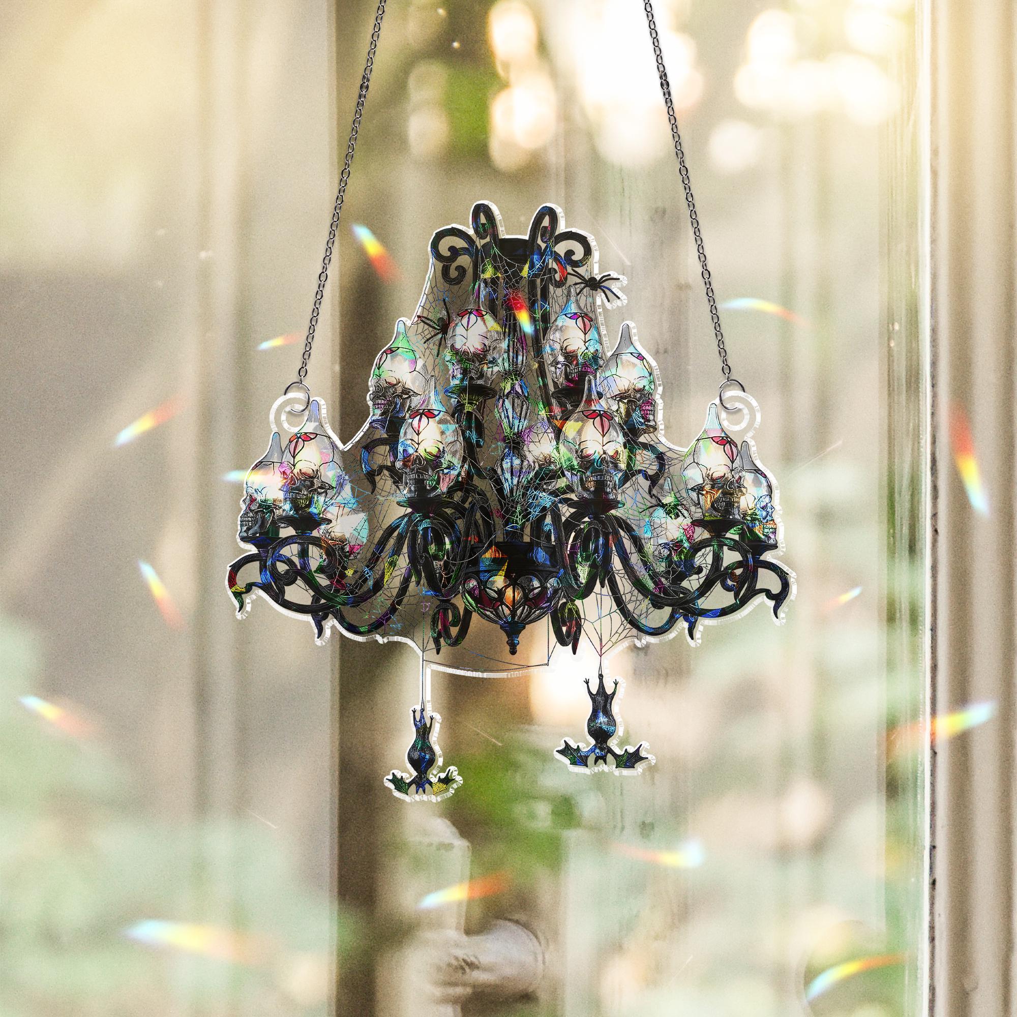 Gothic Skull Chandelier Decor – Haunted House Halloween Light – Spooky Spiderweb Lamp – Dark Witchy Hanging Decoration