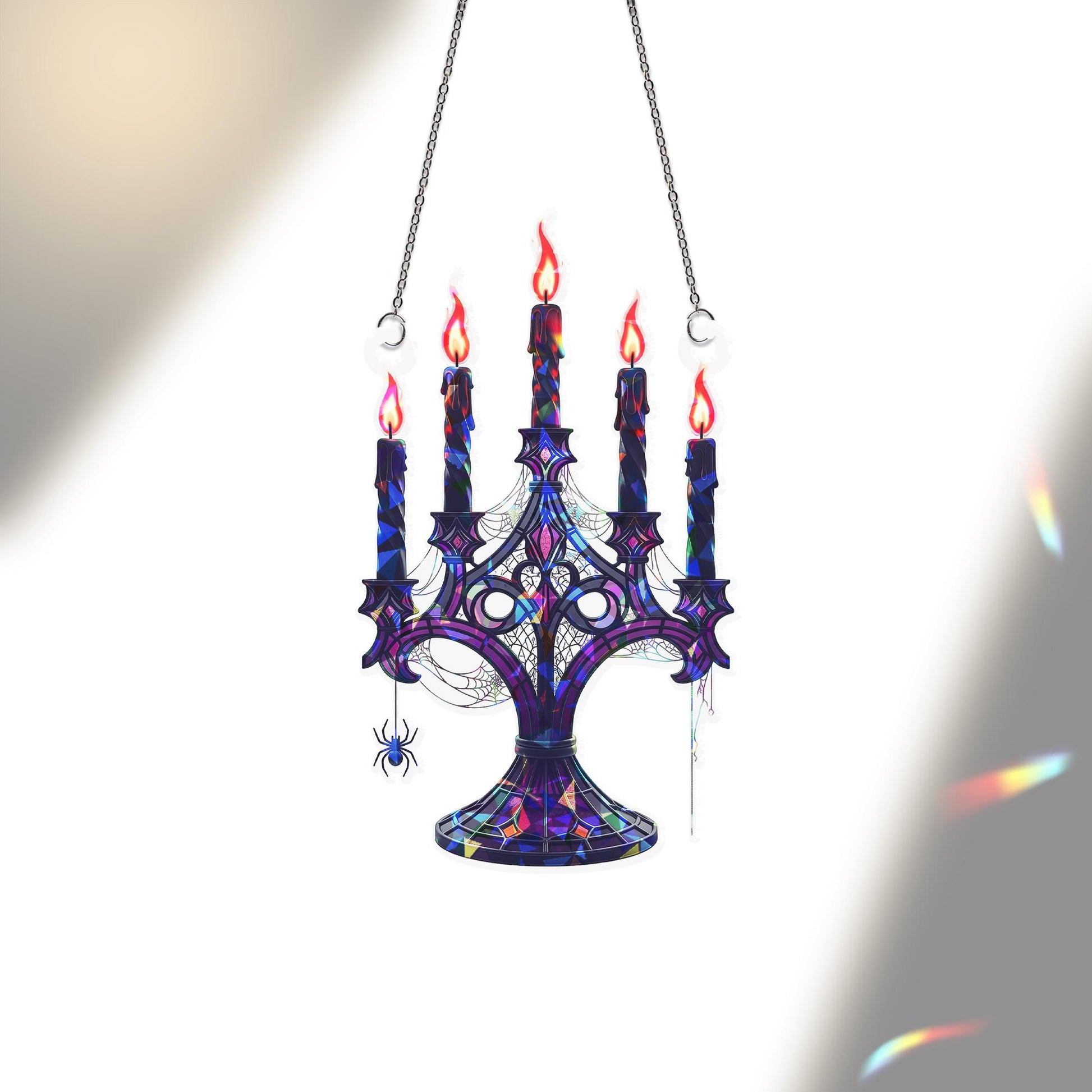 Gothic Candelabra Suncatcher – Halloween Spider Web Window Decor – Spooky Candle Holder Art – Witchy Gothic Hanging Ornament