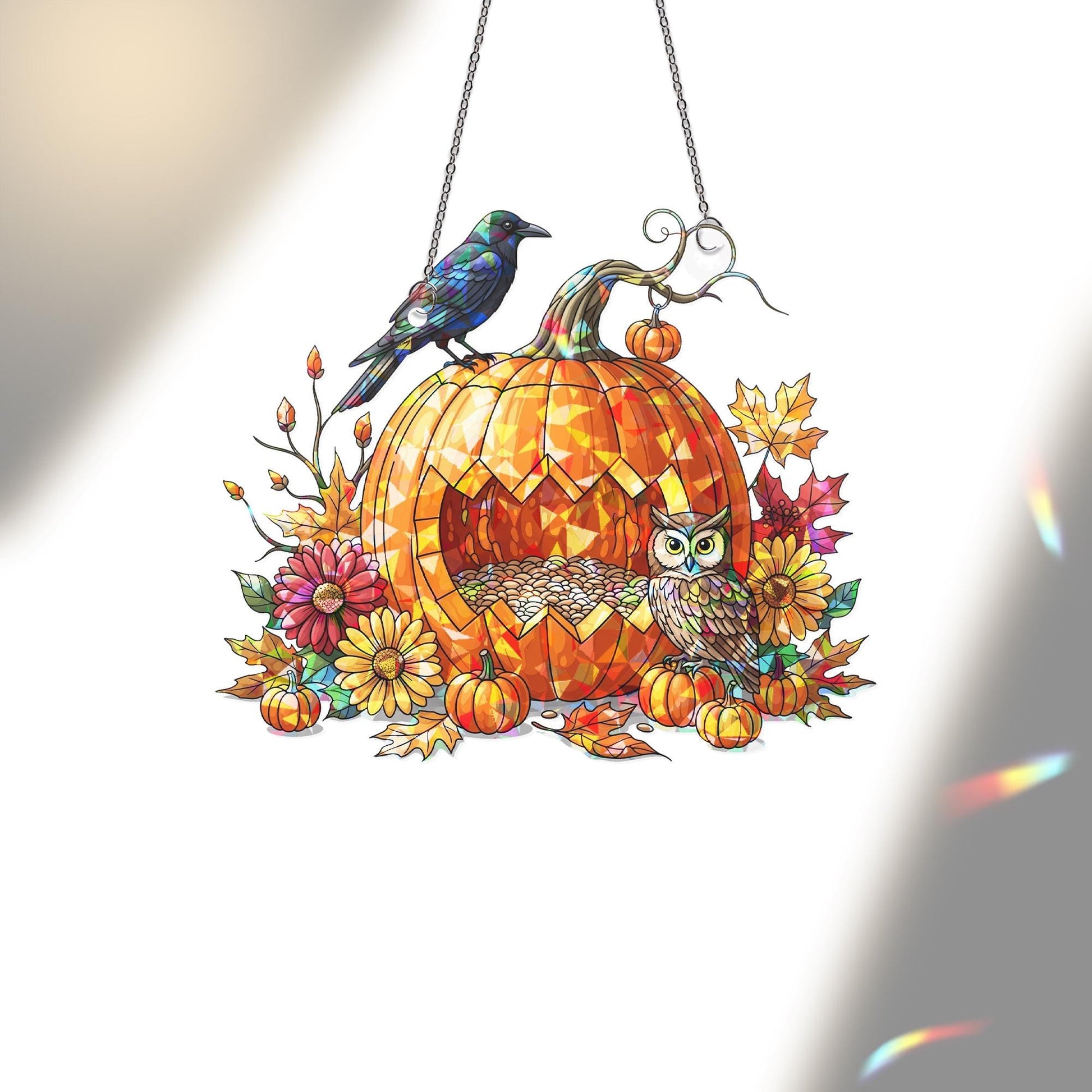 Fall Pumpkin Owl Suncatcher – Autumn Window Decor with Raven and Flowers – Halloween Stained Glass Hanging Ornament