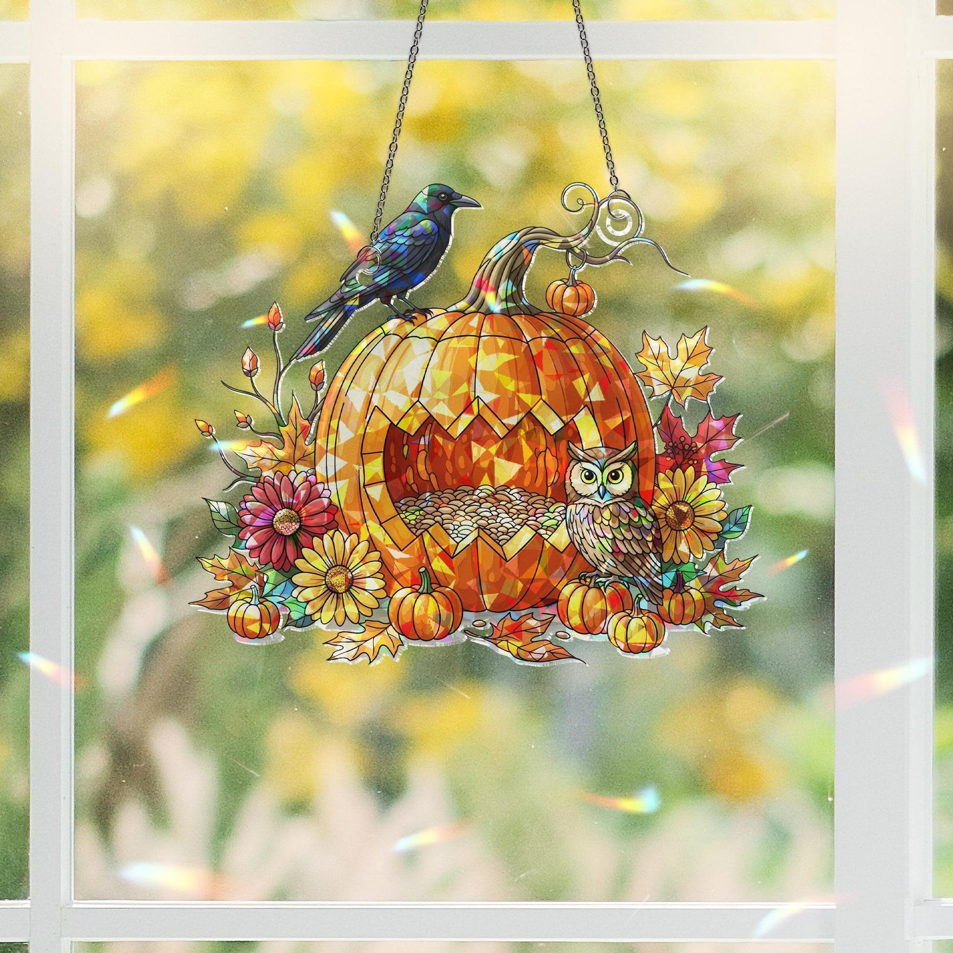 Fall Pumpkin Owl Suncatcher – Autumn Window Decor with Raven and Flowers – Halloween Stained Glass Hanging Ornament