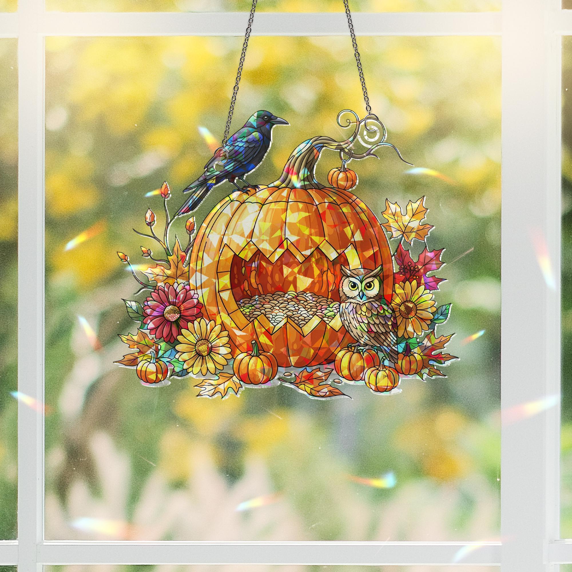 Fall Pumpkin Owl Suncatcher – Autumn Window Decor with Raven and Flowers – Halloween Stained Glass Hanging Ornament