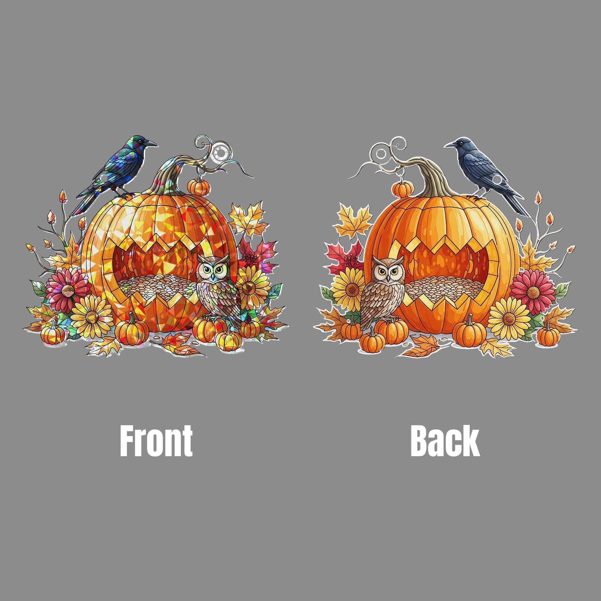 Fall Pumpkin Owl Suncatcher – Autumn Window Decor with Raven and Flowers – Halloween Stained Glass Hanging Ornament