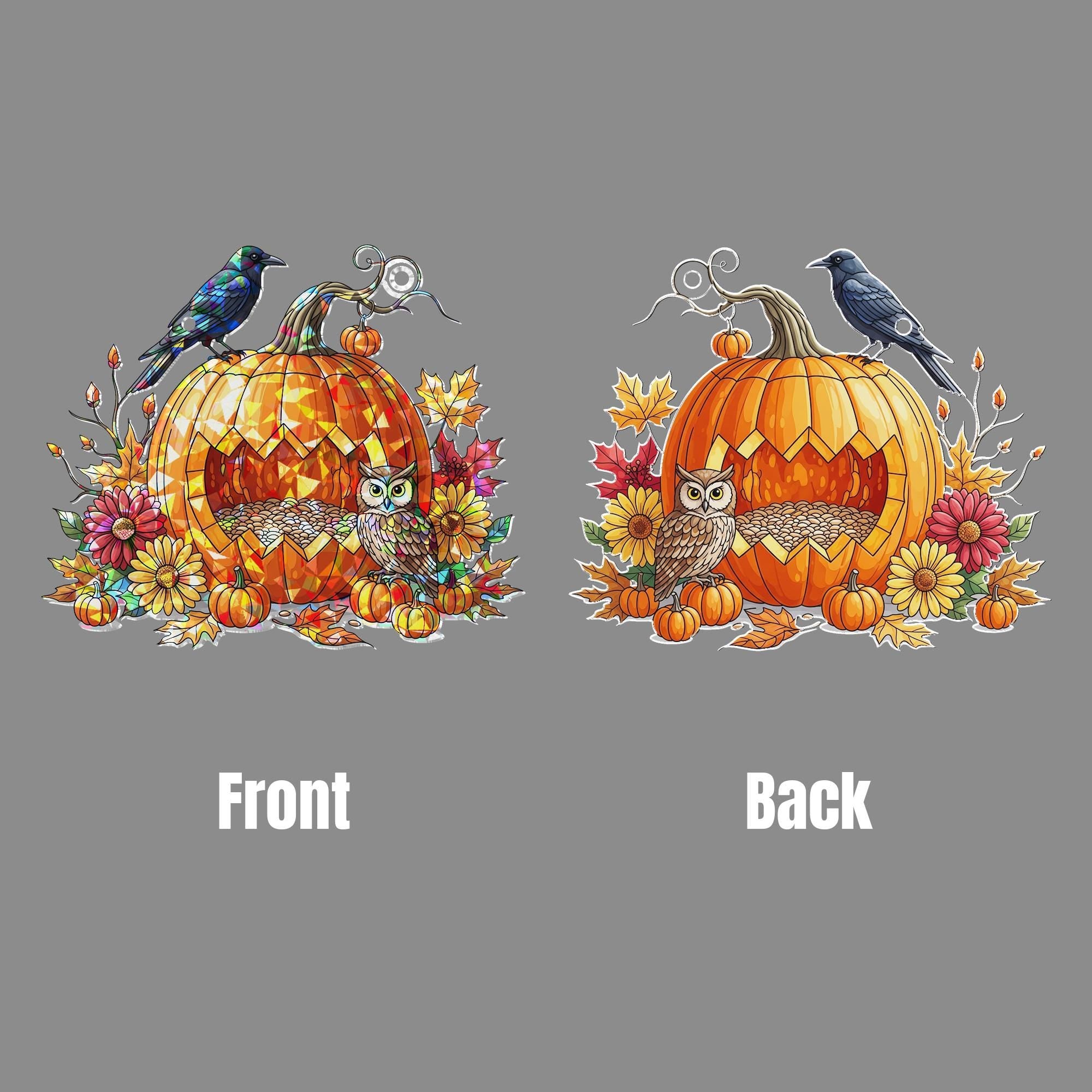 Fall Pumpkin Owl Suncatcher – Autumn Window Decor with Raven and Flowers – Halloween Stained Glass Hanging Ornament