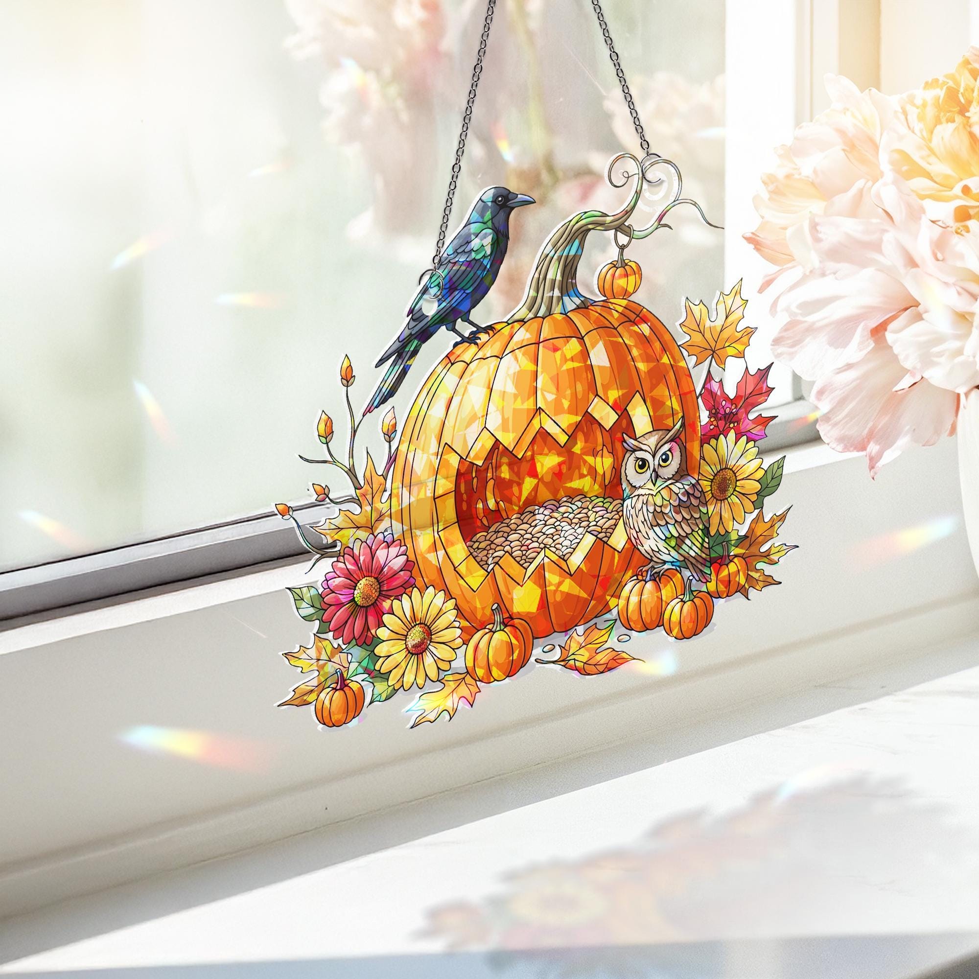 Fall Pumpkin Owl Suncatcher – Autumn Window Decor with Raven and Flowers – Halloween Stained Glass Hanging Ornament