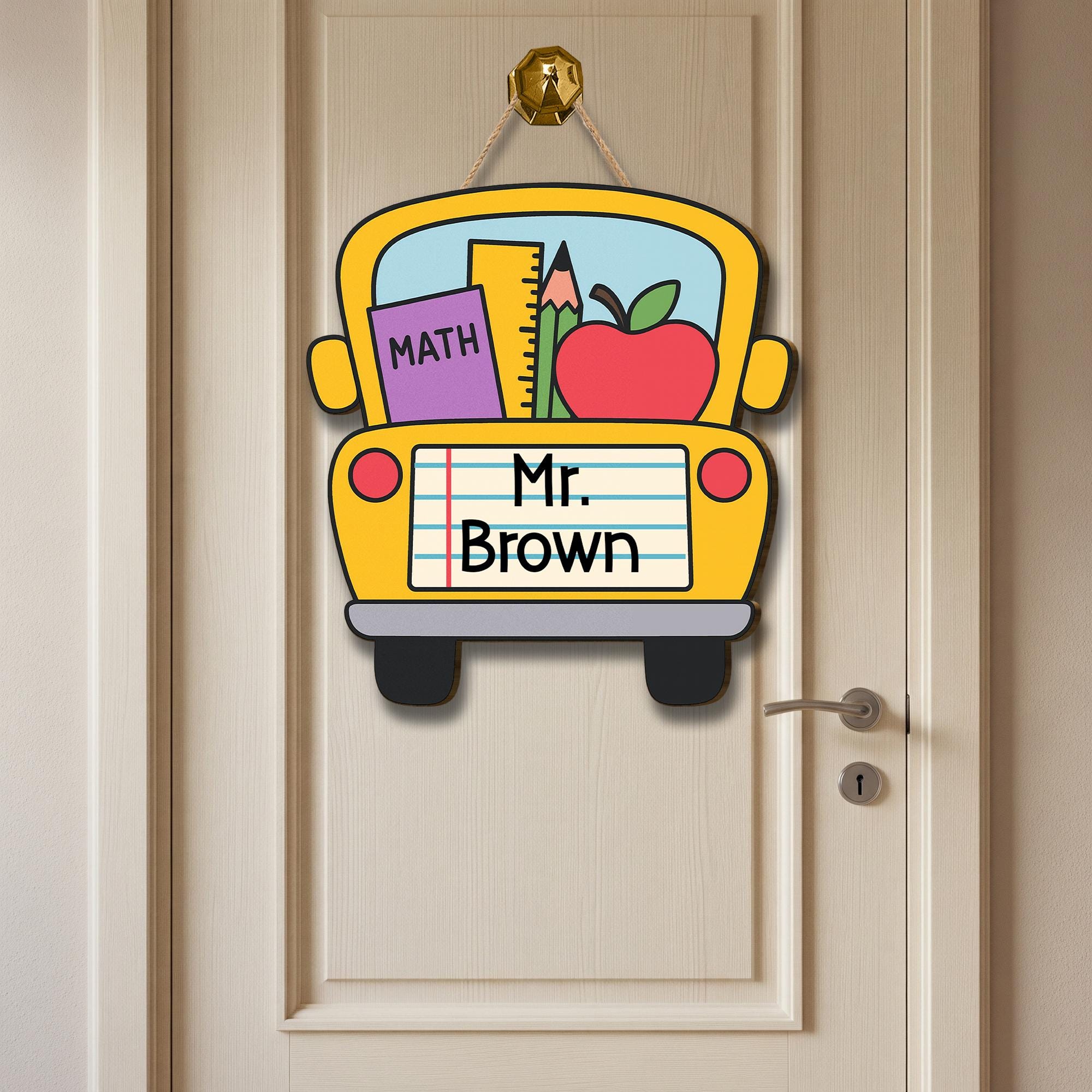 School Bus Classroom Door Sign | Custom Teacher Name Sign for Teachers, Educators | Back to School Math Decor with Apple and Supplies
