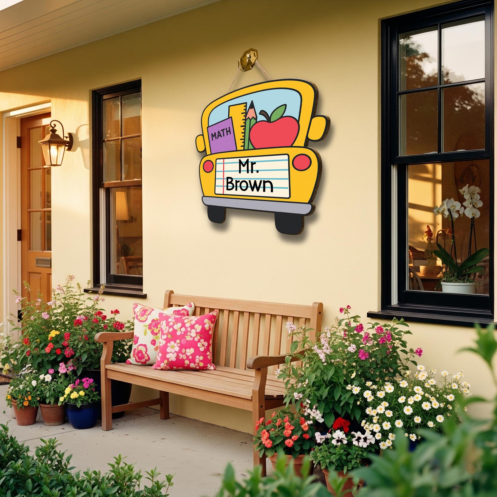 School Bus Classroom Door Sign | Custom Teacher Name Sign for Teachers, Educators | Back to School Math Decor with Apple and Supplies