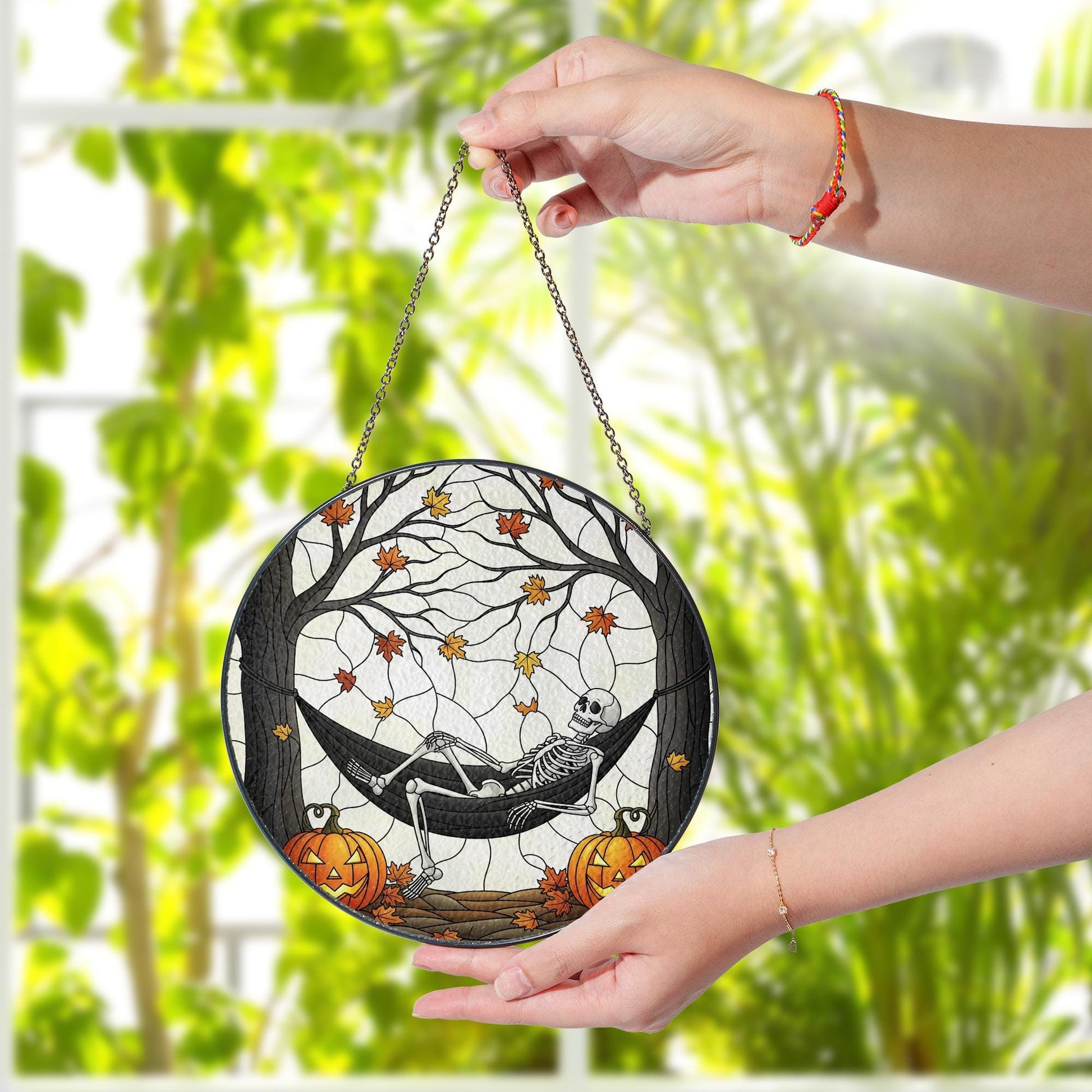 Spooky Skeleton in Hammock Suncatcher, Stained Glass Window Hanging, Gothic Halloween Decor, Autumn Fall Pumpkin Art