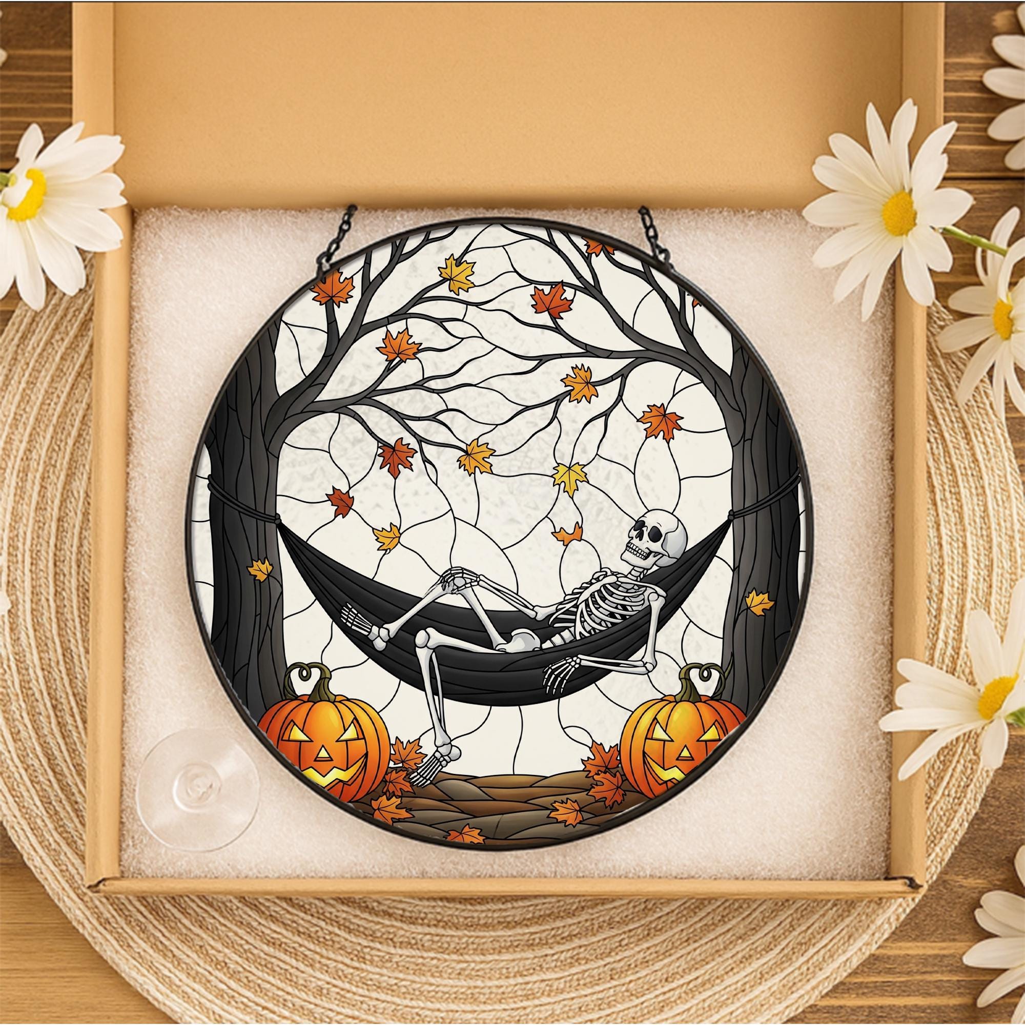 Spooky Skeleton in Hammock Suncatcher, Stained Glass Window Hanging, Gothic Halloween Decor, Autumn Fall Pumpkin Art