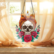 Skull and Roses Suncatcher, Gothic Window Hanging, Witchy Home Decor, Macabre Floral Skull with Candle, Tattoo Style Art Ornament