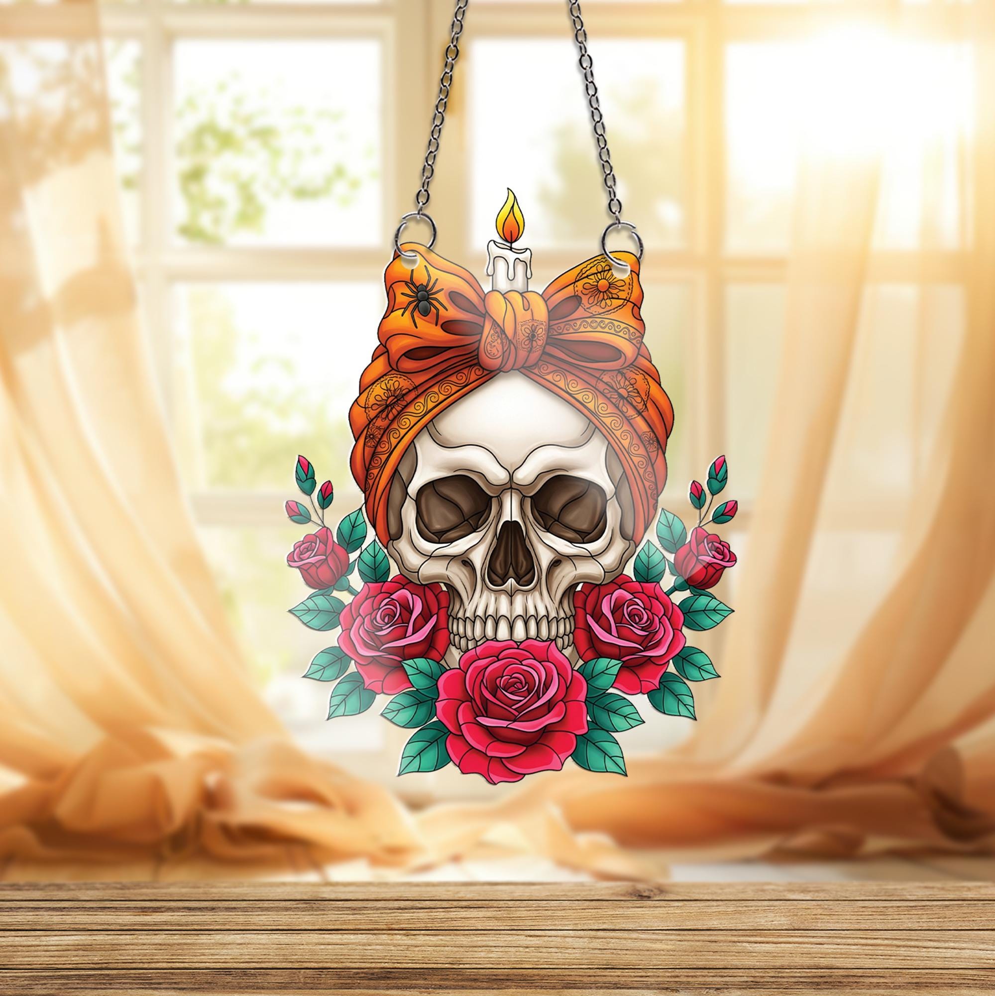 Skull and Roses Suncatcher, Gothic Window Hanging, Witchy Home Decor, Macabre Floral Skull with Candle, Tattoo Style Art Ornament
