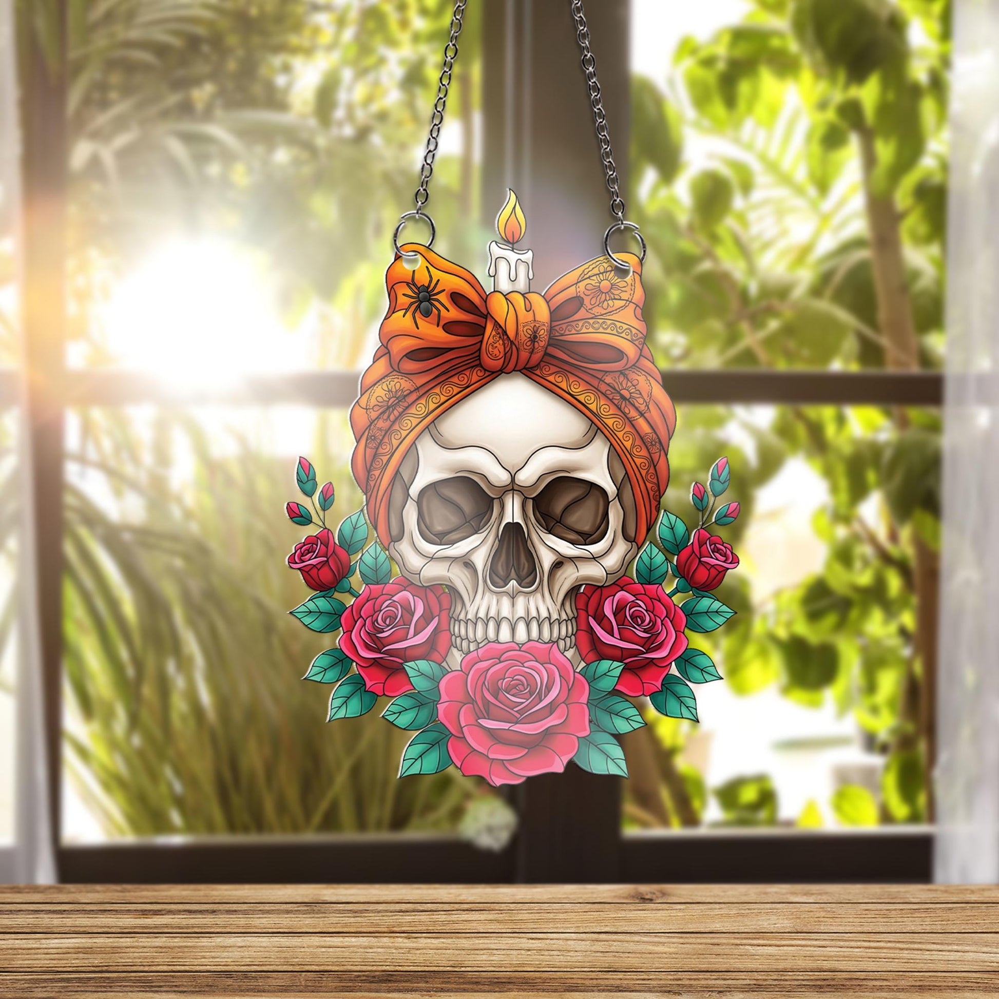 Skull and Roses Suncatcher, Gothic Window Hanging, Witchy Home Decor, Macabre Floral Skull with Candle, Tattoo Style Art Ornament