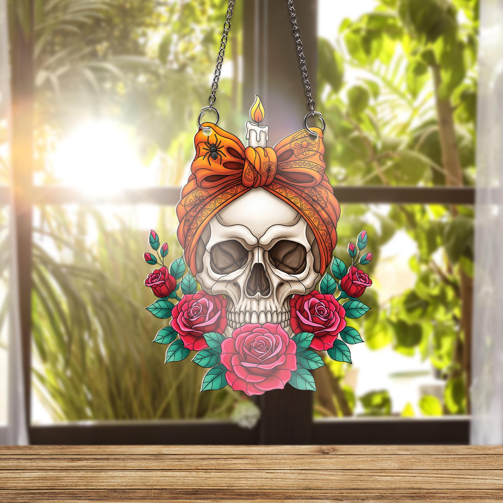 Skull and Roses Suncatcher, Gothic Window Hanging, Witchy Home Decor, Macabre Floral Skull with Candle, Tattoo Style Art Ornament