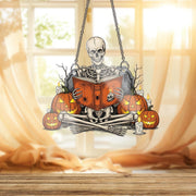 Spooky Reading Skeleton Ornament, Halloween Window Hanging Decor, Gothic Book Lover Gift, Jack O' Lantern Suncatcher, Dark Academia Wall Art