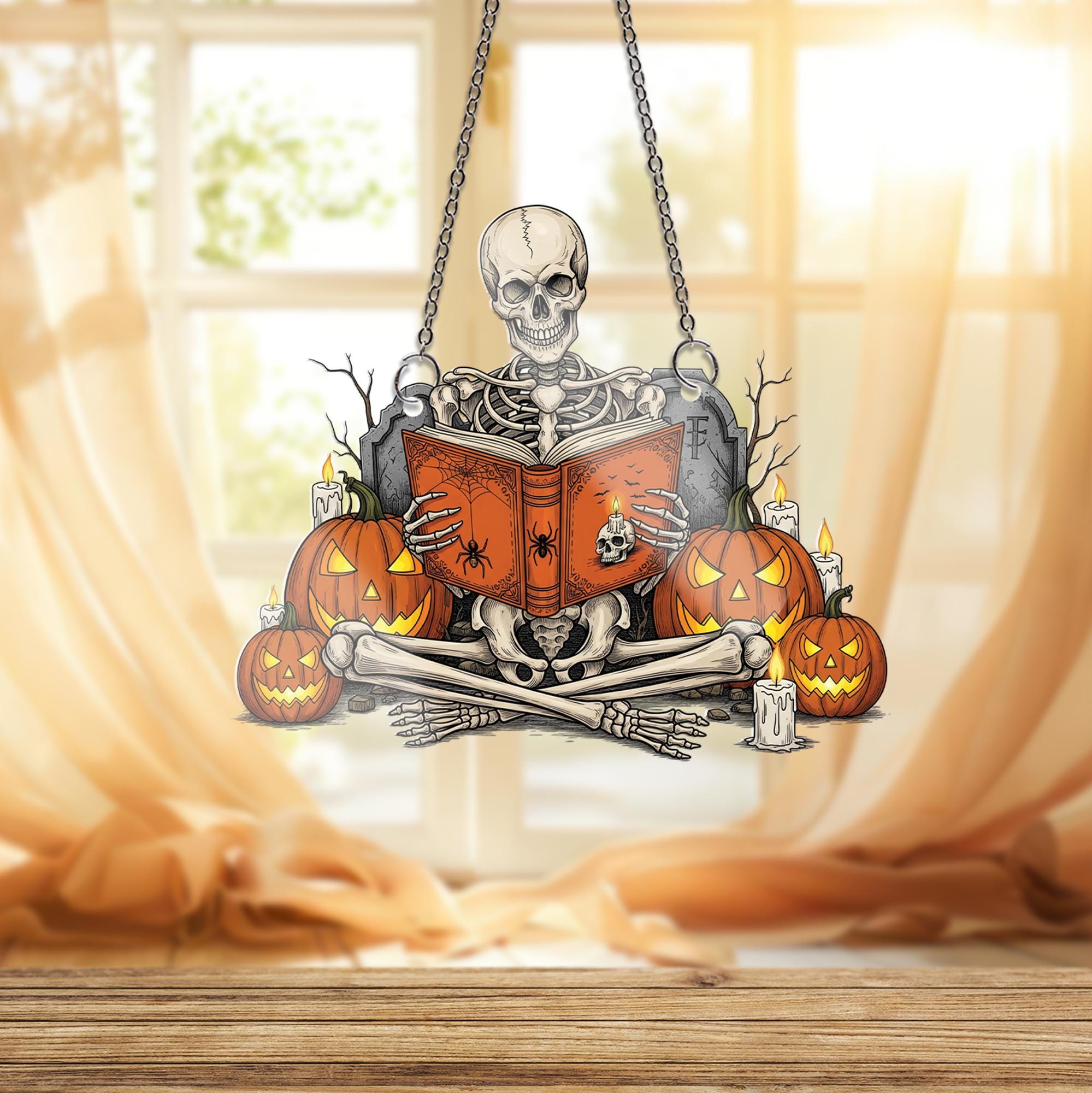 Spooky Reading Skeleton Ornament, Halloween Window Hanging Decor, Gothic Book Lover Gift, Jack O' Lantern Suncatcher, Dark Academia Wall Art