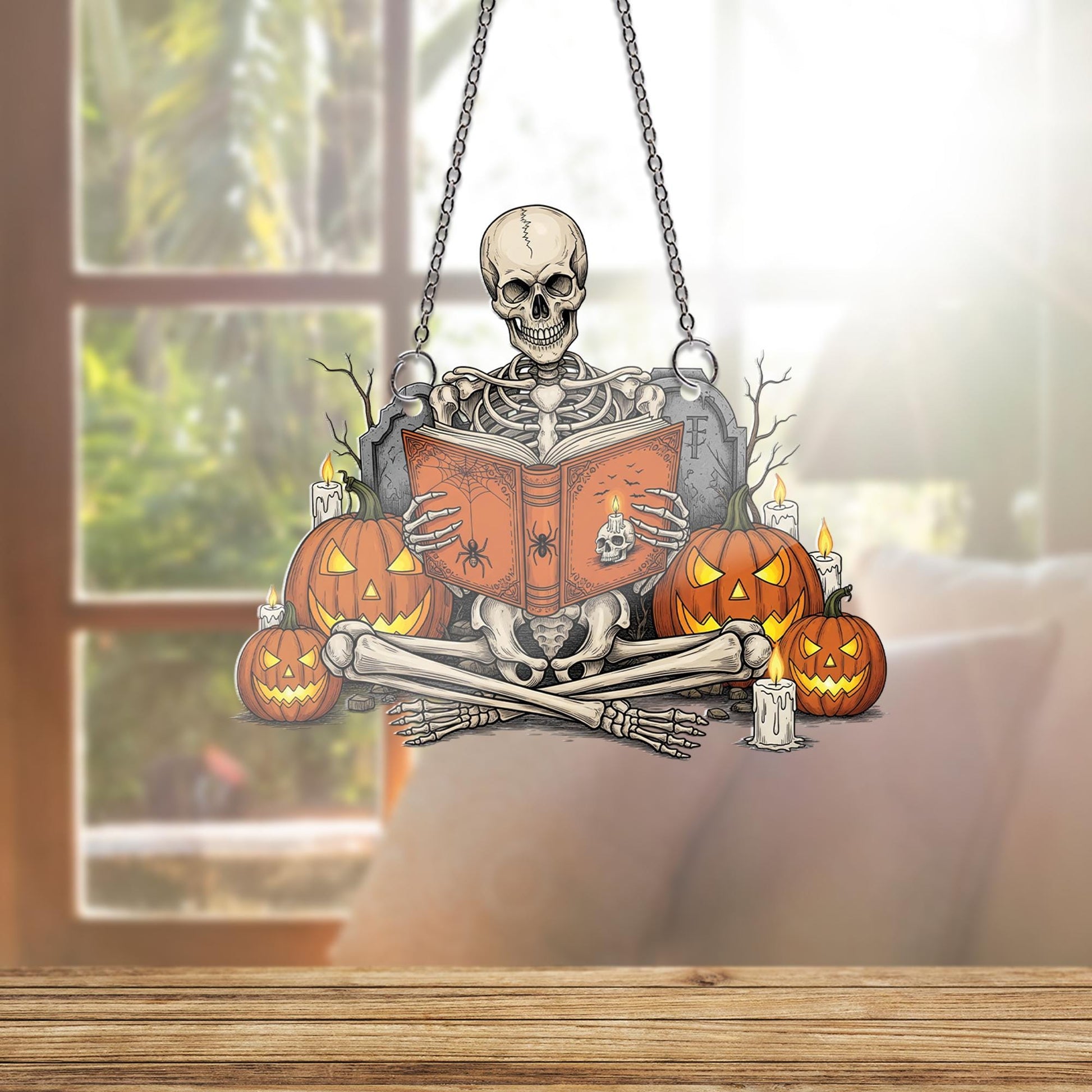 Spooky Reading Skeleton Ornament, Halloween Window Hanging Decor, Gothic Book Lover Gift, Jack O' Lantern Suncatcher, Dark Academia Wall Art