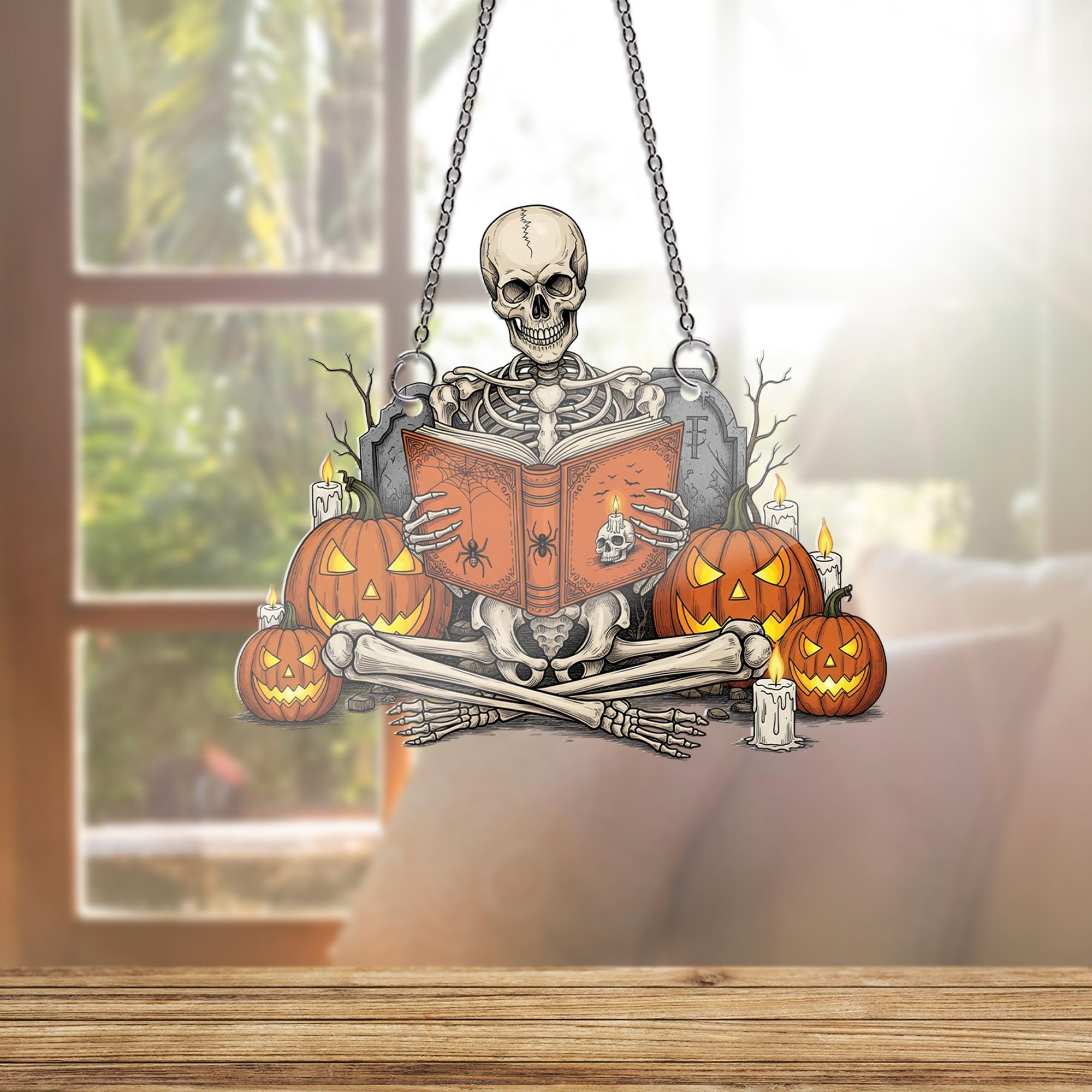 Spooky Reading Skeleton Ornament, Halloween Window Hanging Decor, Gothic Book Lover Gift, Jack O' Lantern Suncatcher, Dark Academia Wall Art