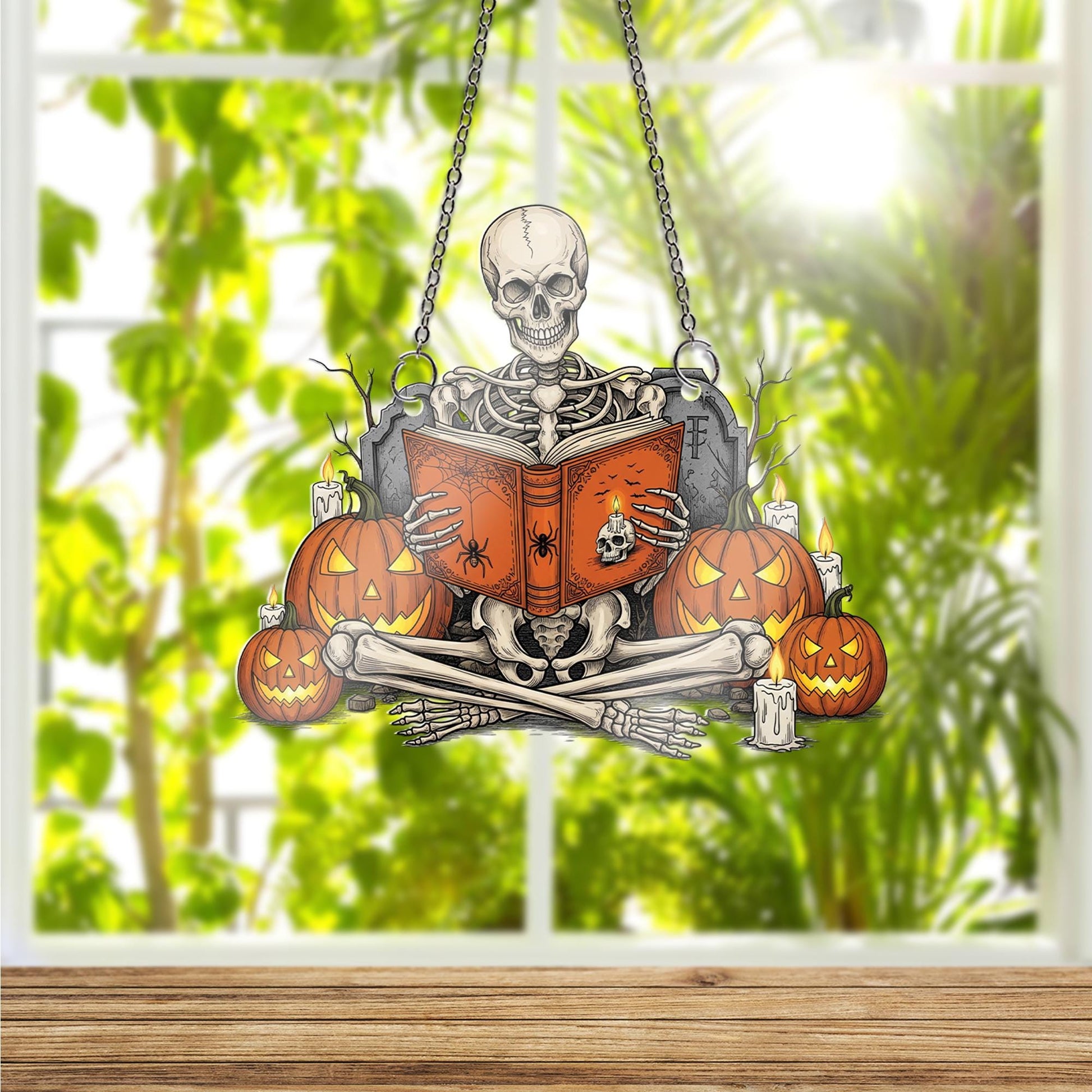 Spooky Reading Skeleton Ornament, Halloween Window Hanging Decor, Gothic Book Lover Gift, Jack O' Lantern Suncatcher, Dark Academia Wall Art
