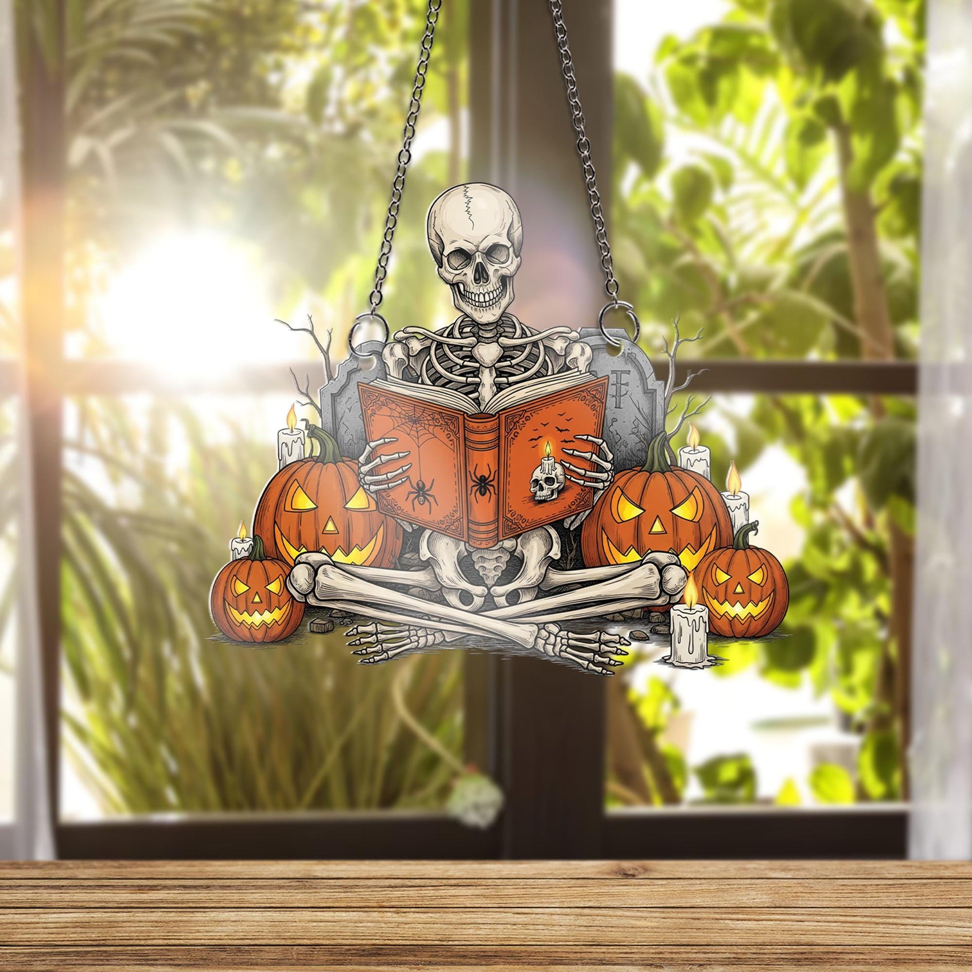 Spooky Reading Skeleton Ornament, Halloween Window Hanging Decor, Gothic Book Lover Gift, Jack O' Lantern Suncatcher, Dark Academia Wall Art