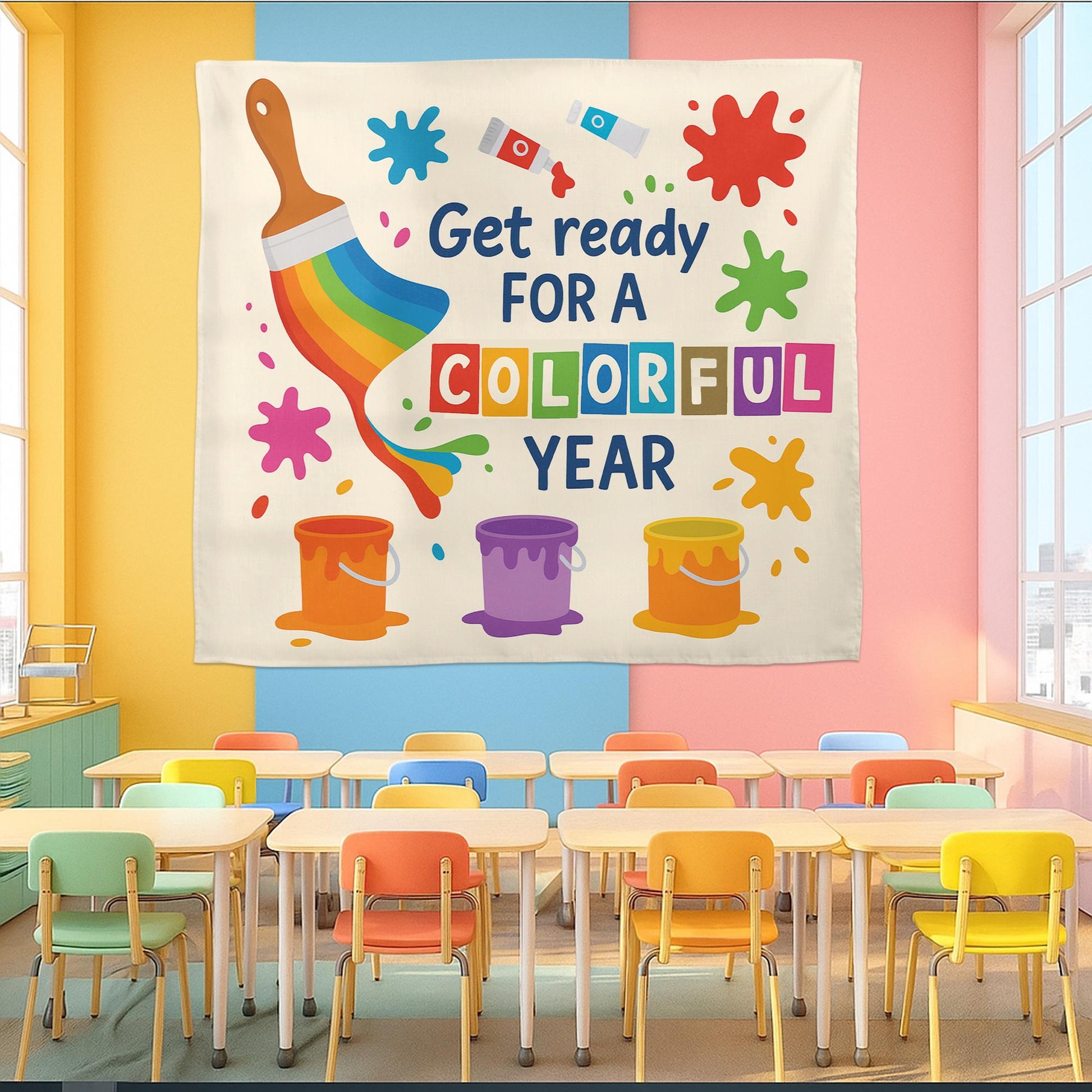 Get Ready for a Colorful Year Wall Tapestry – Back to School Classroom Decor for Teachers, Art Room Rainbow Banner Sign, Preschool Decor