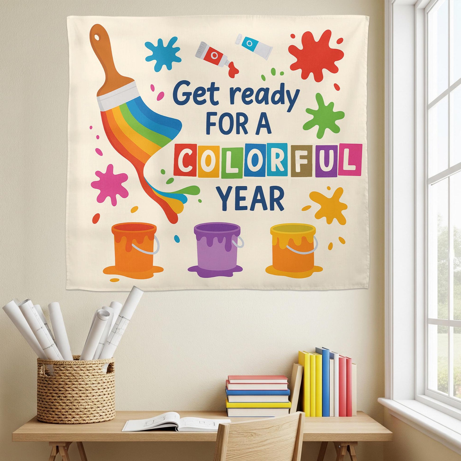 Get Ready for a Colorful Year Wall Tapestry – Back to School Classroom Decor for Teachers, Art Room Rainbow Banner Sign, Preschool Decor