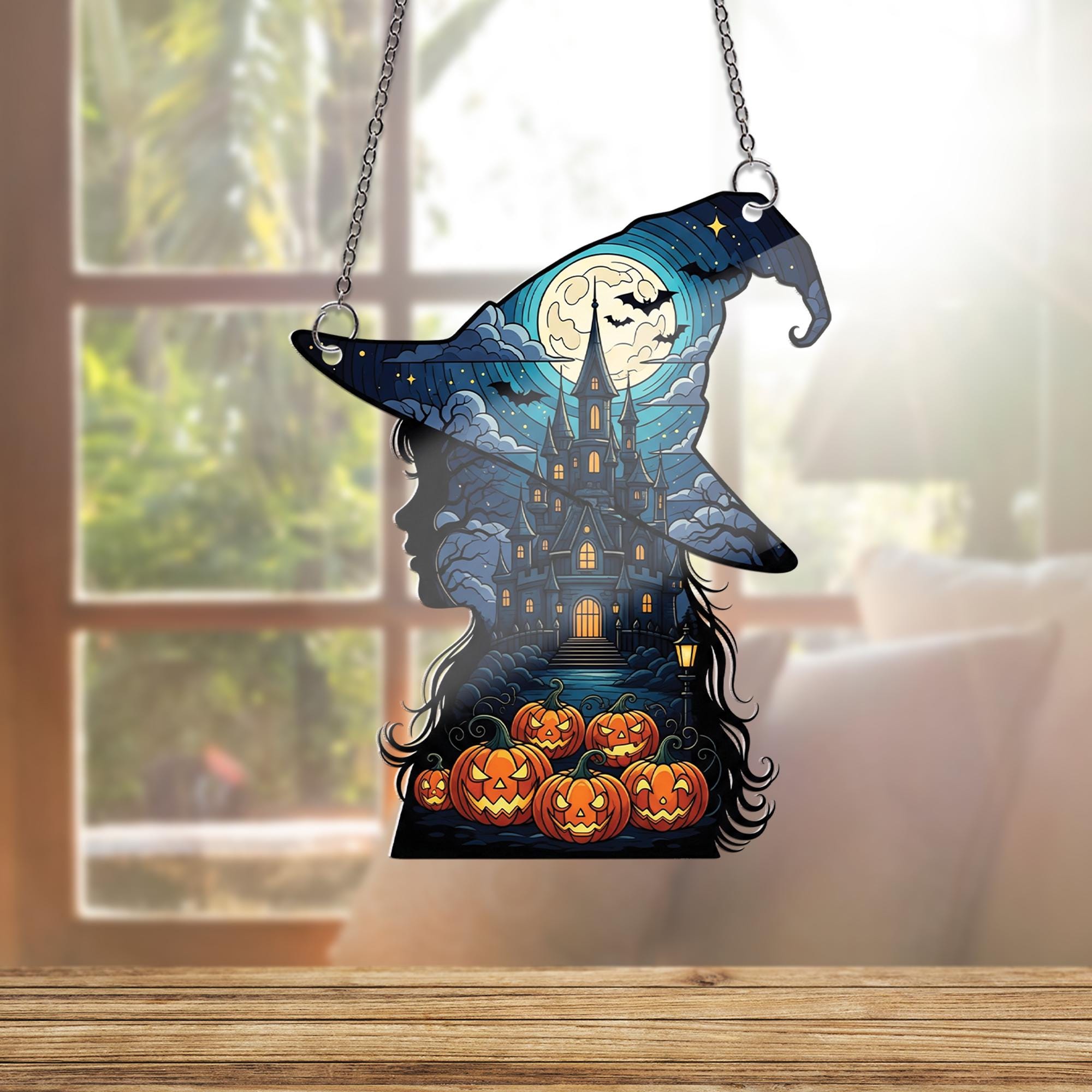Witch Silhouette Suncatcher, Halloween Window Hanging, Haunted House Decor, Spooky Gothic Ornament, Jack O' Lantern Wall Art