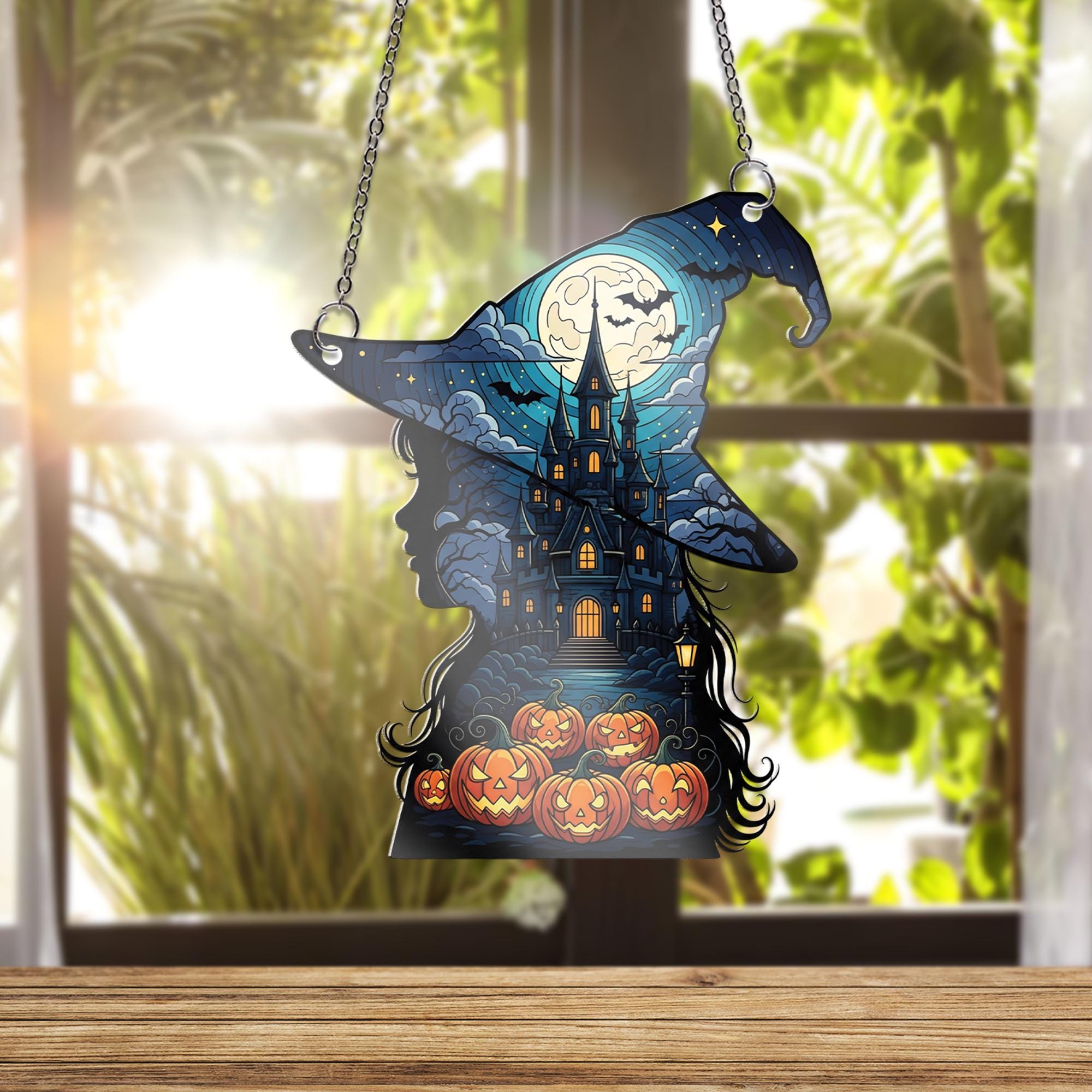 Witch Silhouette Suncatcher, Halloween Window Hanging, Haunted House Decor, Spooky Gothic Ornament, Jack O' Lantern Wall Art