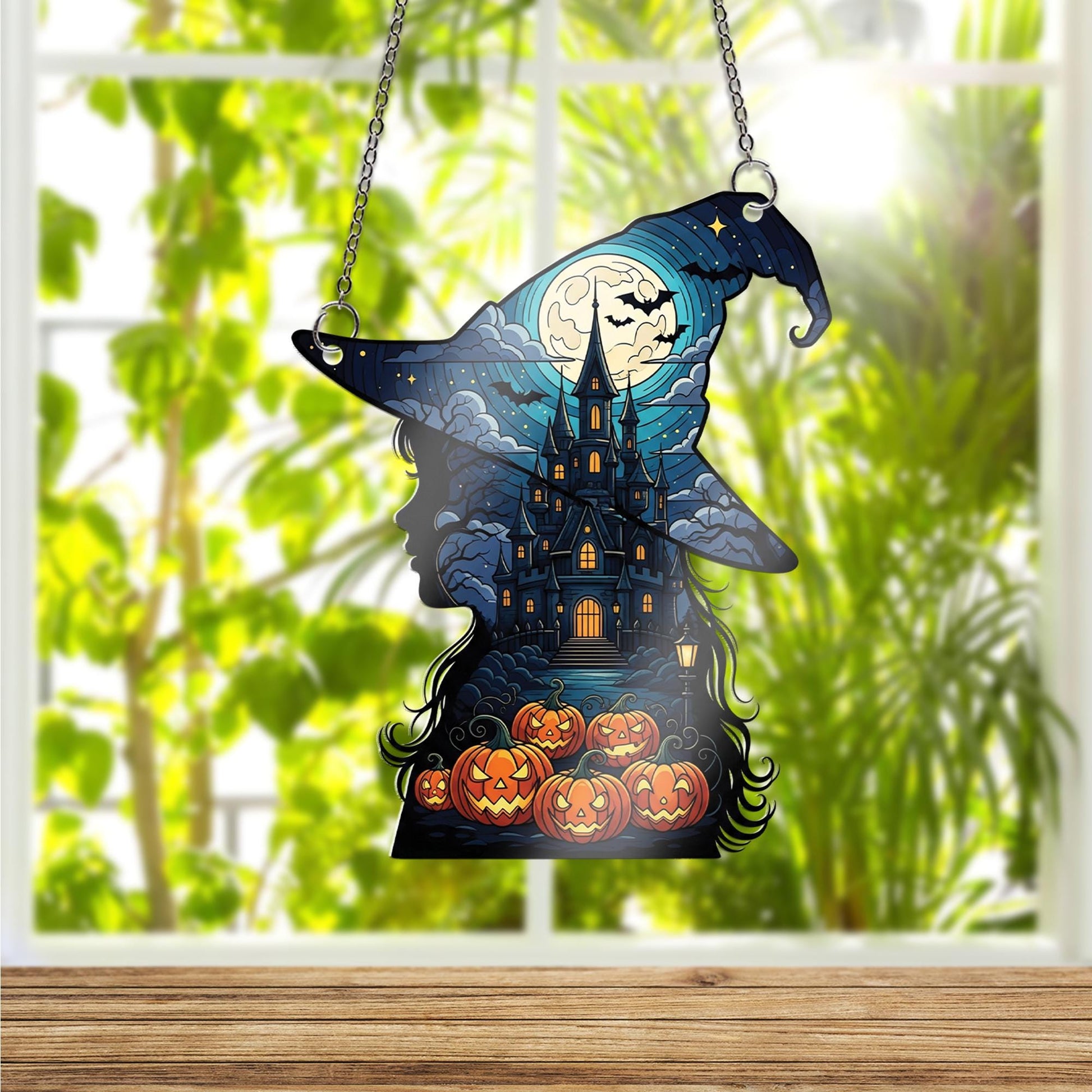 Witch Silhouette Suncatcher, Halloween Window Hanging, Haunted House Decor, Spooky Gothic Ornament, Jack O' Lantern Wall Art