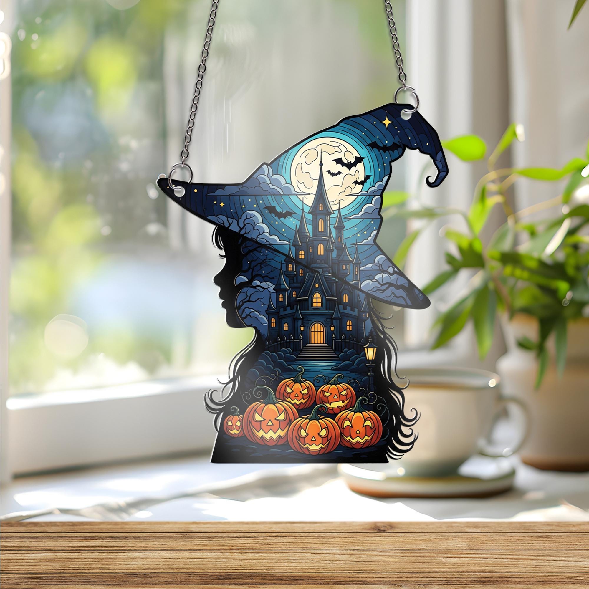 Witch Silhouette Suncatcher, Halloween Window Hanging, Haunted House Decor, Spooky Gothic Ornament, Jack O' Lantern Wall Art