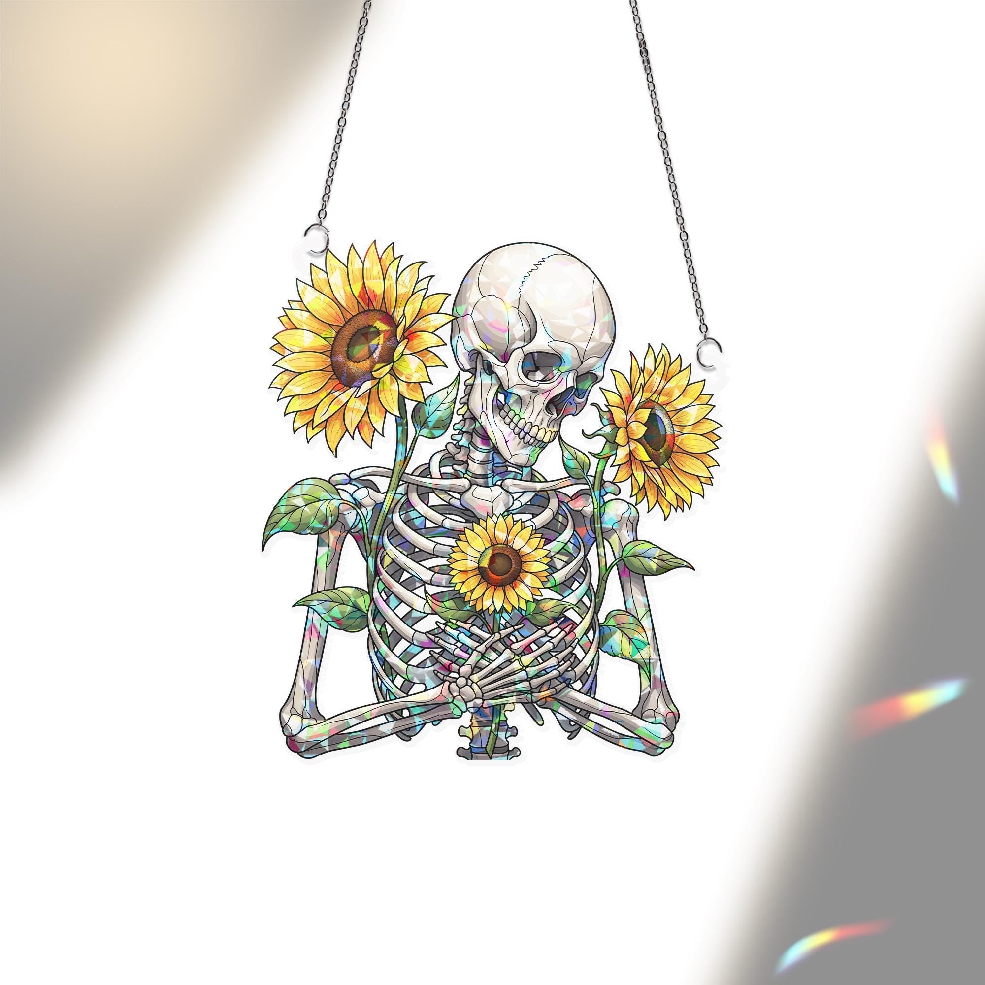 Sunflower Skeleton Suncatcher, Gothic Floral Window Hanging, Cottagecore Goth Decor, Stained Glass Style Wall Art, Boho Prism Maker