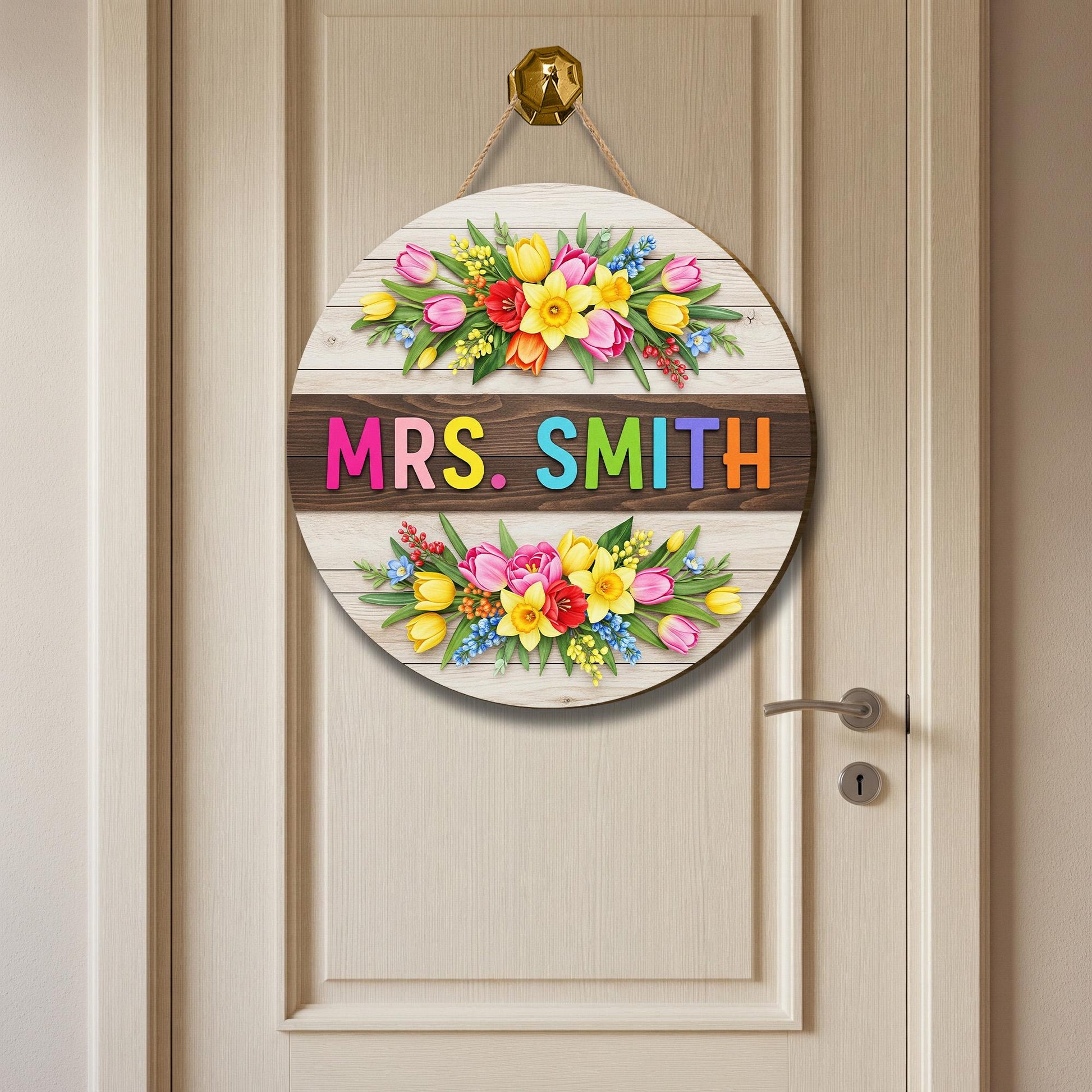 Personalized Teacher Door Sign Wood 2 Layer Door Sign with Colorful Flowers and Name – Custom Classroom Decor Gift, Floral Sign Decor