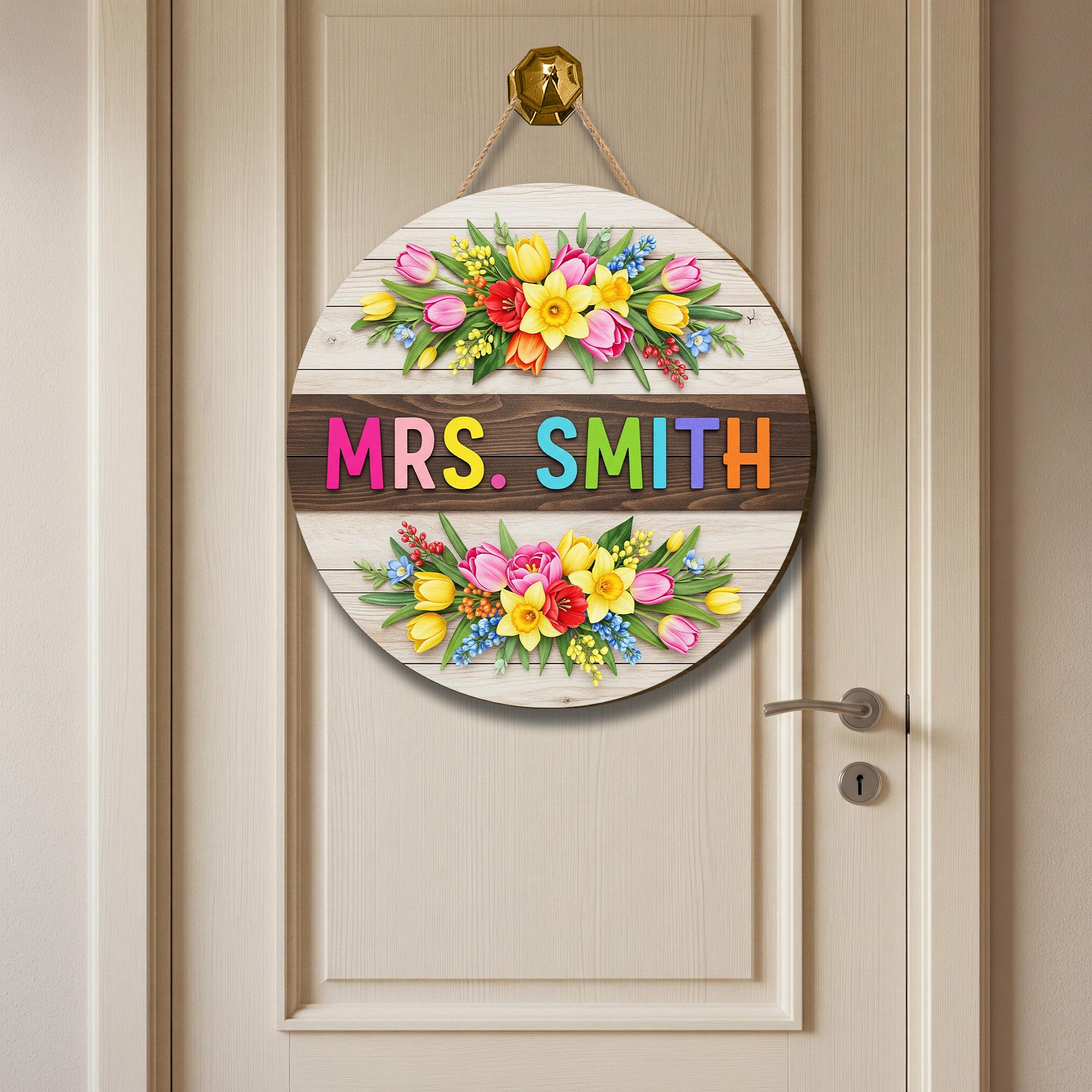 Personalized Teacher Door Sign Wood 2 Layer Door Sign with Colorful Flowers and Name – Custom Classroom Decor Gift, Floral Sign Decor