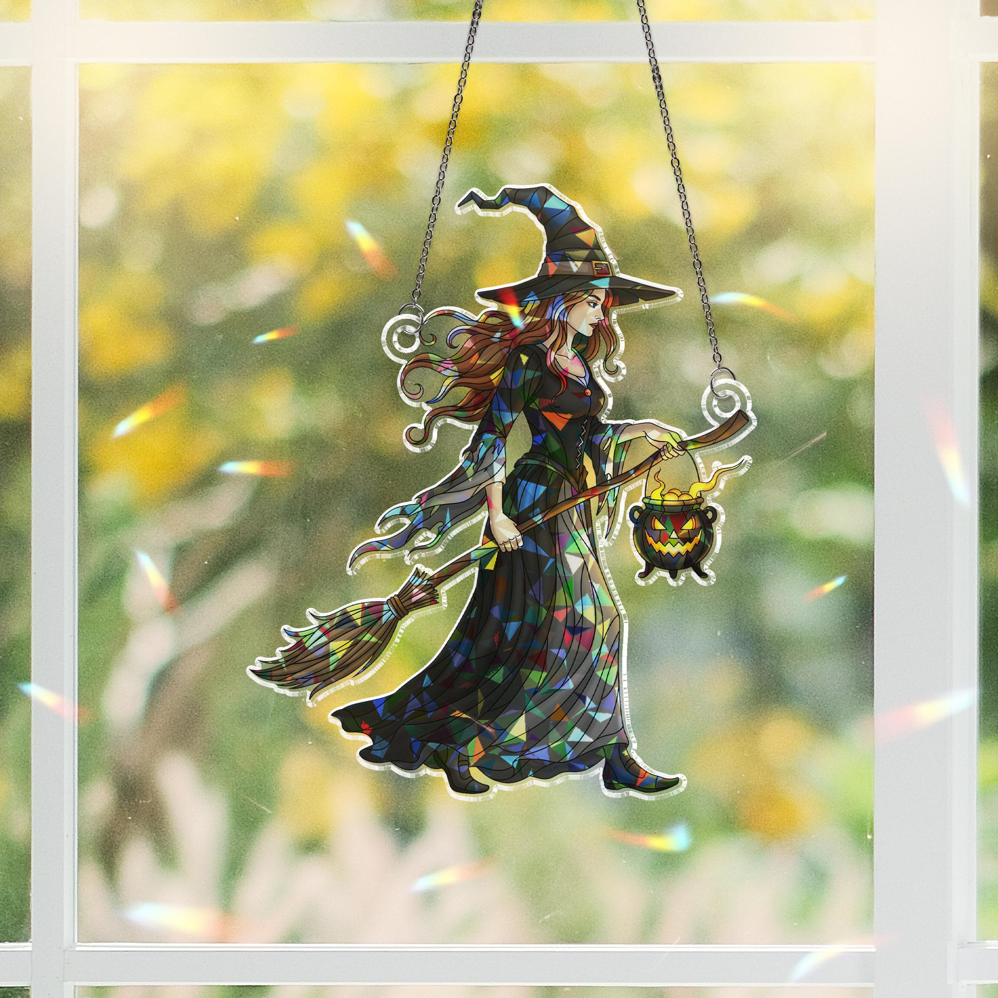 Stained Glass Witch Suncatcher, Halloween Window Hanging, Gothic Prism Maker Decor, Witchy Cauldron Art, Boho Wall Decor