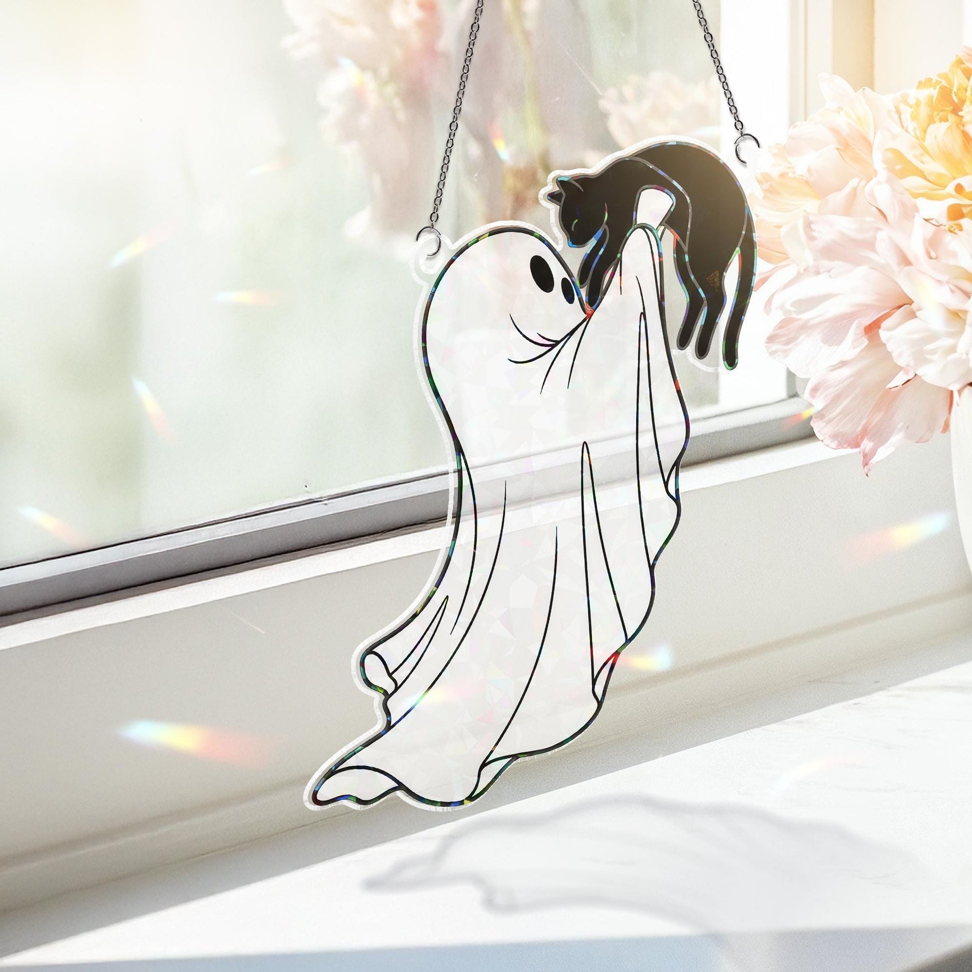 Ghost and Cat Suncatcher, Cute Halloween Window Decor, Spooky Ghost Ornament Gift
