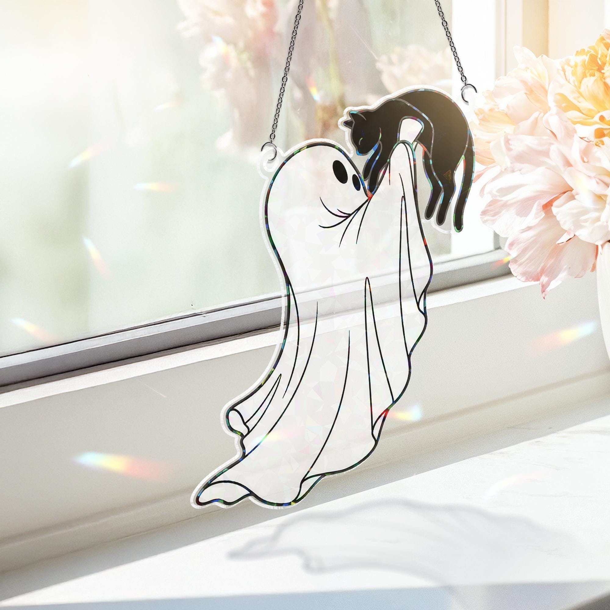 Ghost and Cat Suncatcher, Cute Halloween Window Decor, Spooky Ghost Ornament Gift