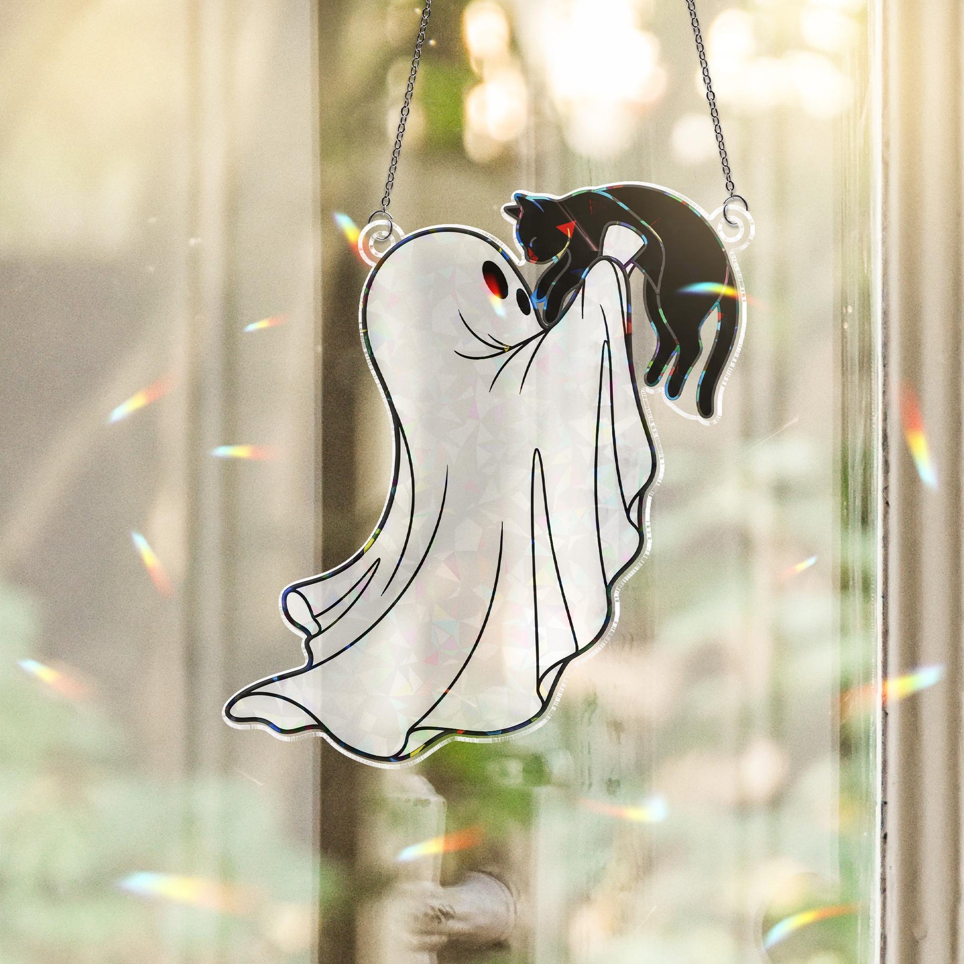Ghost and Cat Suncatcher, Cute Halloween Window Decor, Spooky Ghost Ornament Gift