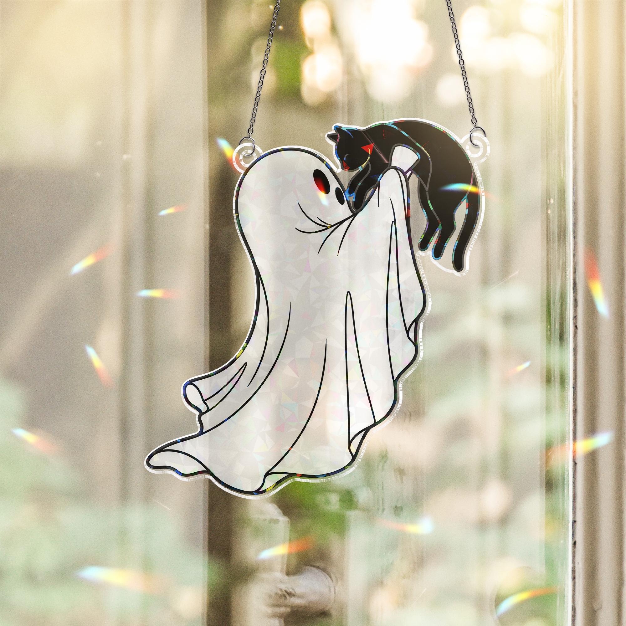 Ghost and Cat Suncatcher, Cute Halloween Window Decor, Spooky Ghost Ornament Gift