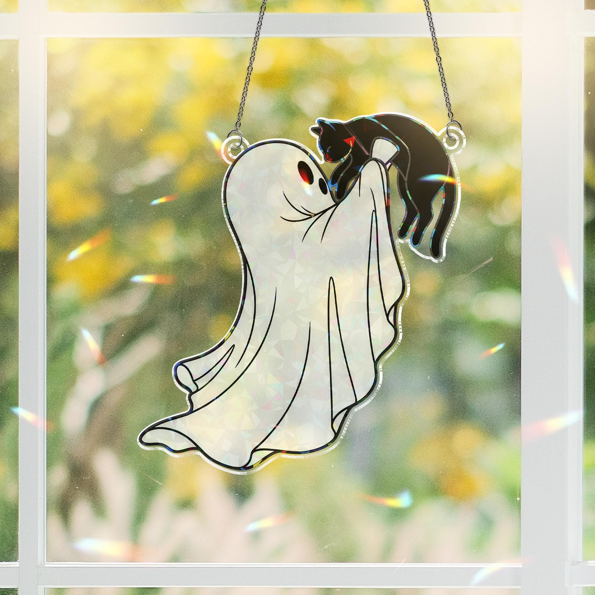 Ghost and Cat Suncatcher, Cute Halloween Window Decor, Spooky Ghost Ornament Gift