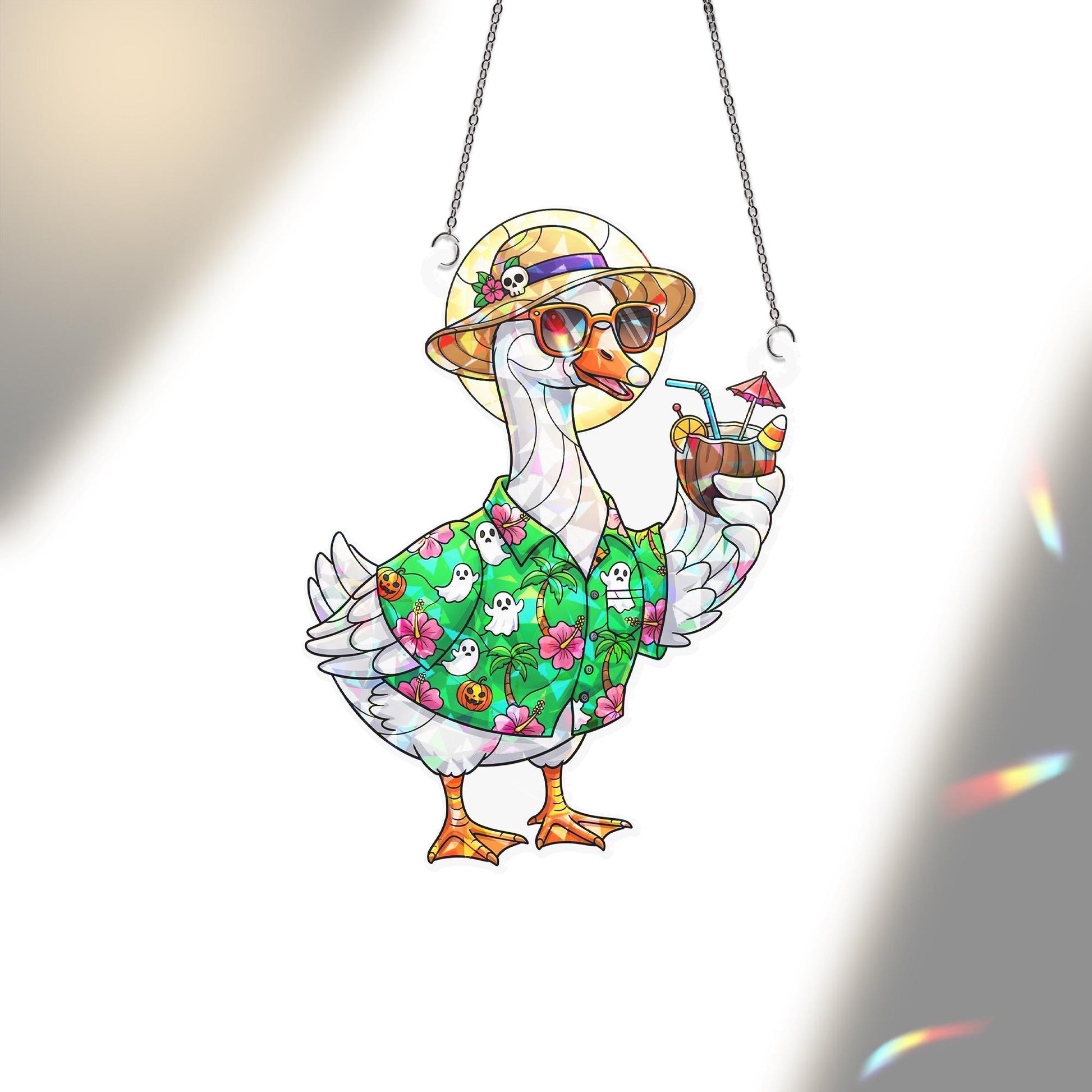 Summerween Goose Suncatcher, Halloween Vacation Window Decor, Funny Goose Ornament Gift