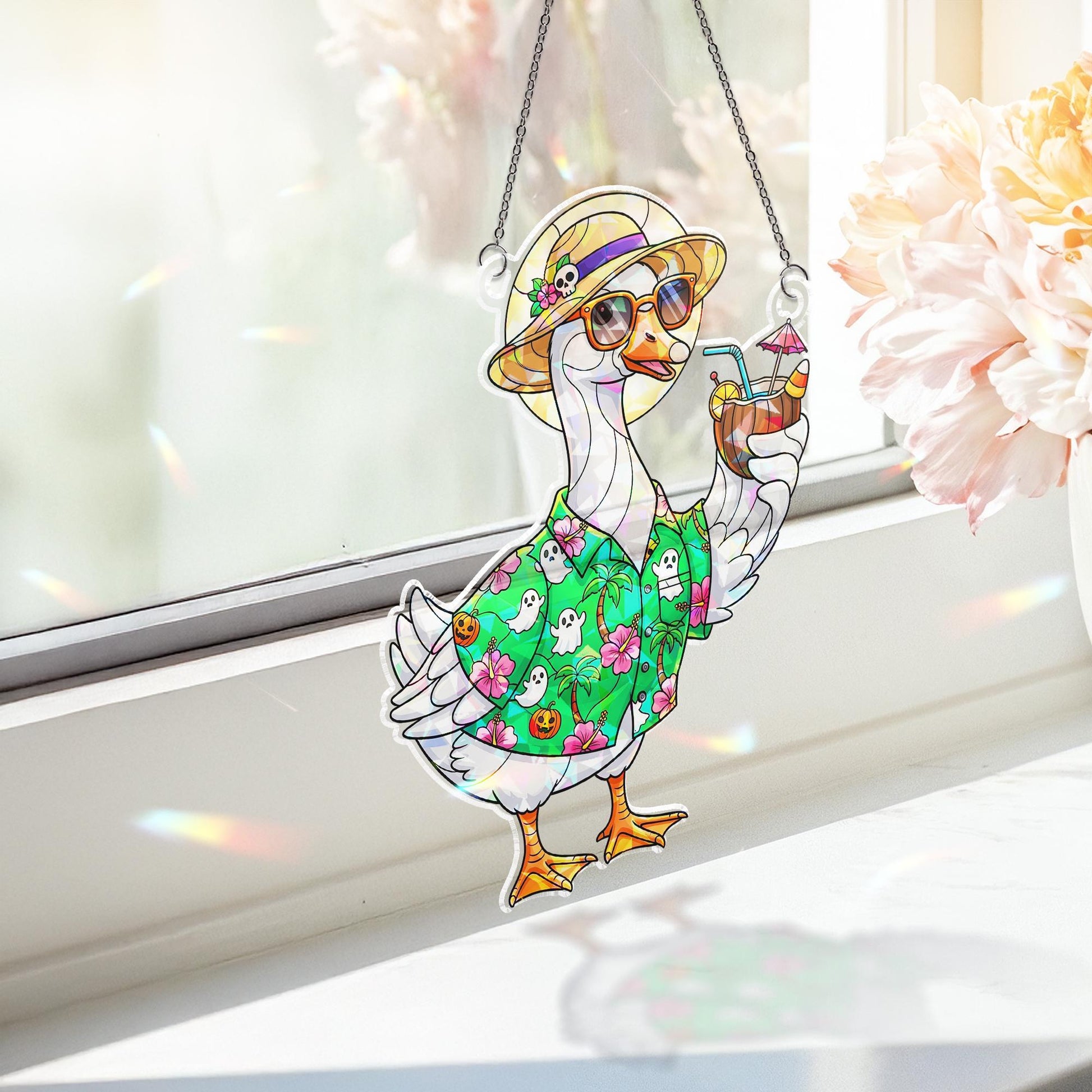 Summerween Goose Suncatcher, Halloween Vacation Window Decor, Funny Goose Ornament Gift
