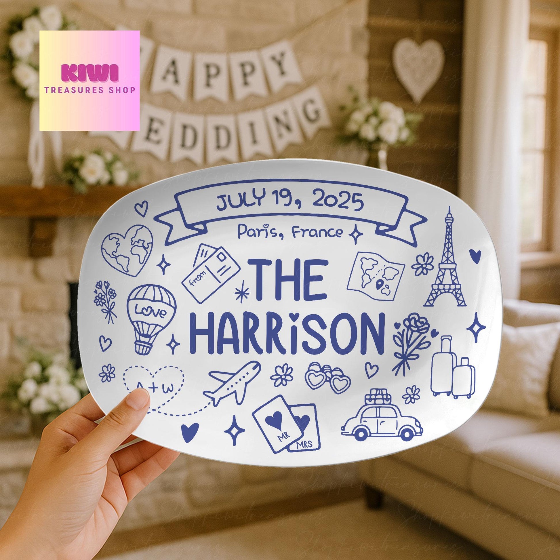 Custom Wedding Platter for Couple, Travel Themed Keepsake Plate, Honeymoon Gift, Personalized Newlywed Decor, Mr and Mrs Dish DECOR ONLY