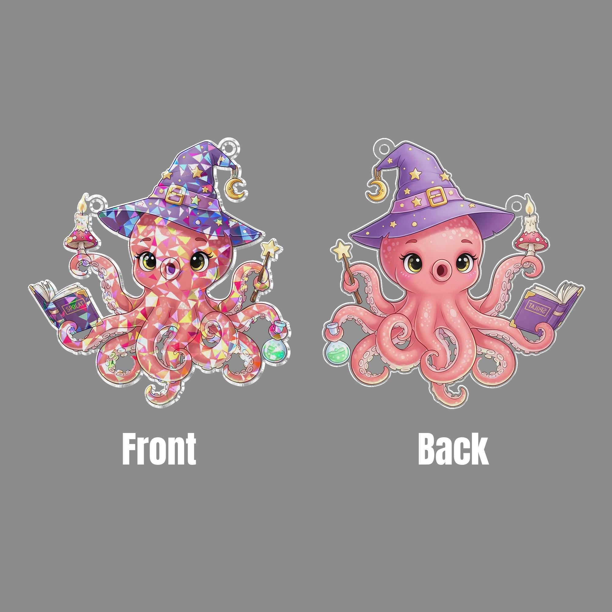 Witch Octopus Suncatcher, Cute Halloween Window Decor, Kawaii Sea Witch Ornament Gift