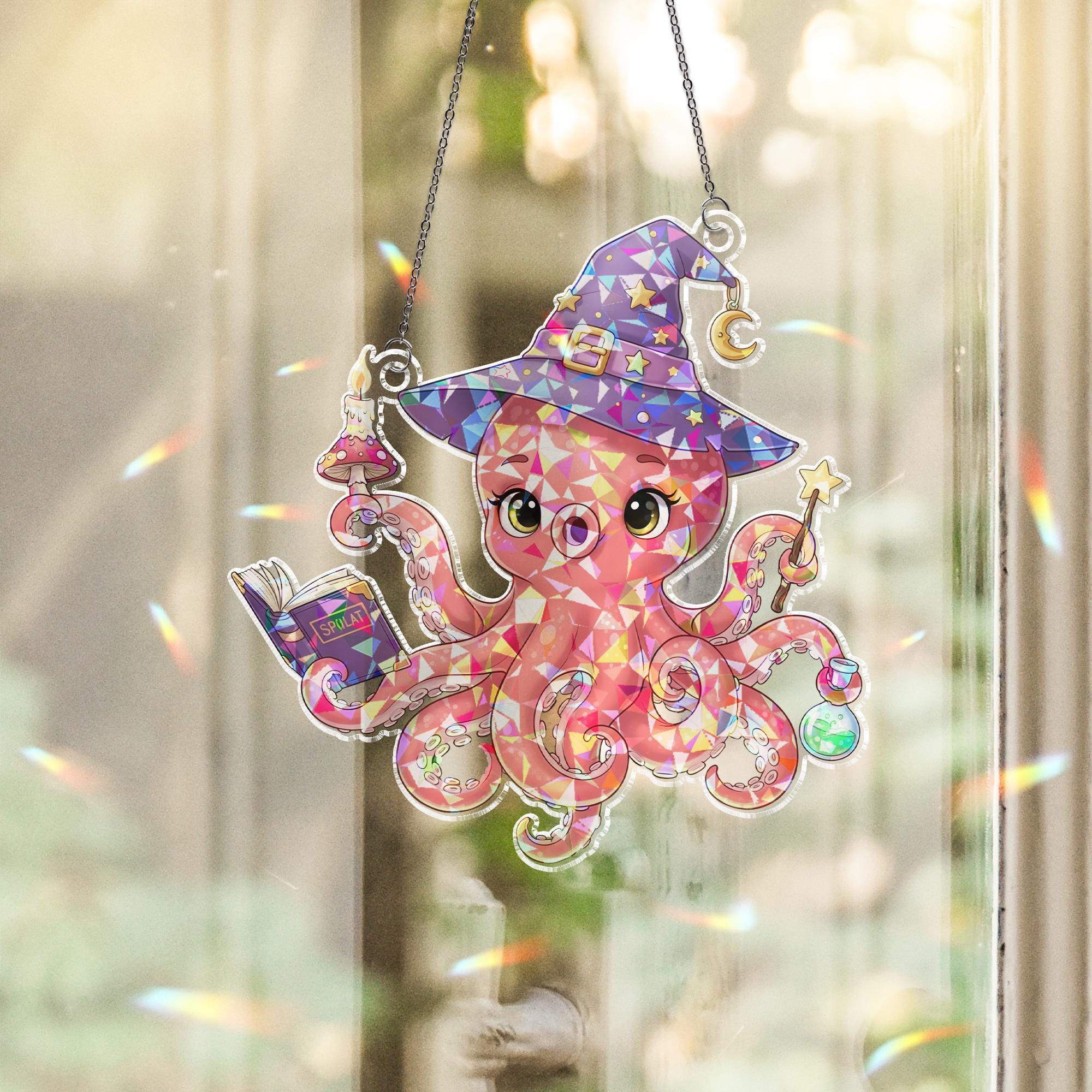 Witch Octopus Suncatcher, Cute Halloween Window Decor, Kawaii Sea Witch Ornament Gift
