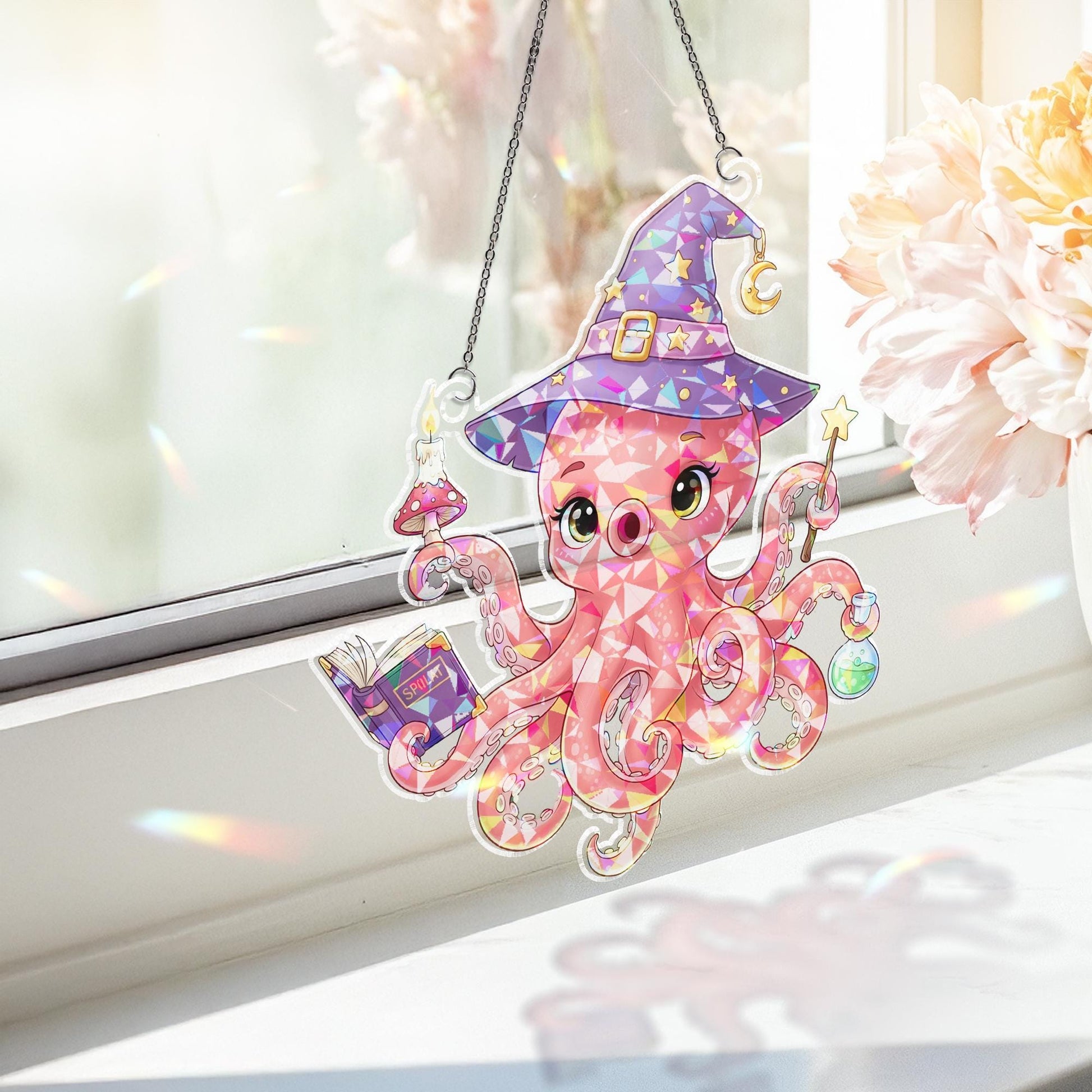 Witch Octopus Suncatcher, Cute Halloween Window Decor, Kawaii Sea Witch Ornament Gift