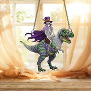 Skeleton Riding T-Rex Ornament, Funny Halloween Decor, Mummy Dinosaur Hanging Art, Spooky Top Hat Skeleton, Quirky Wall Plaque
