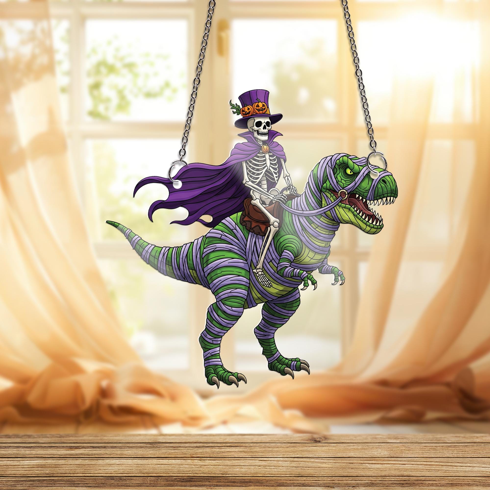 Skeleton Riding T-Rex Ornament, Funny Halloween Decor, Mummy Dinosaur Hanging Art, Spooky Top Hat Skeleton, Quirky Wall Plaque