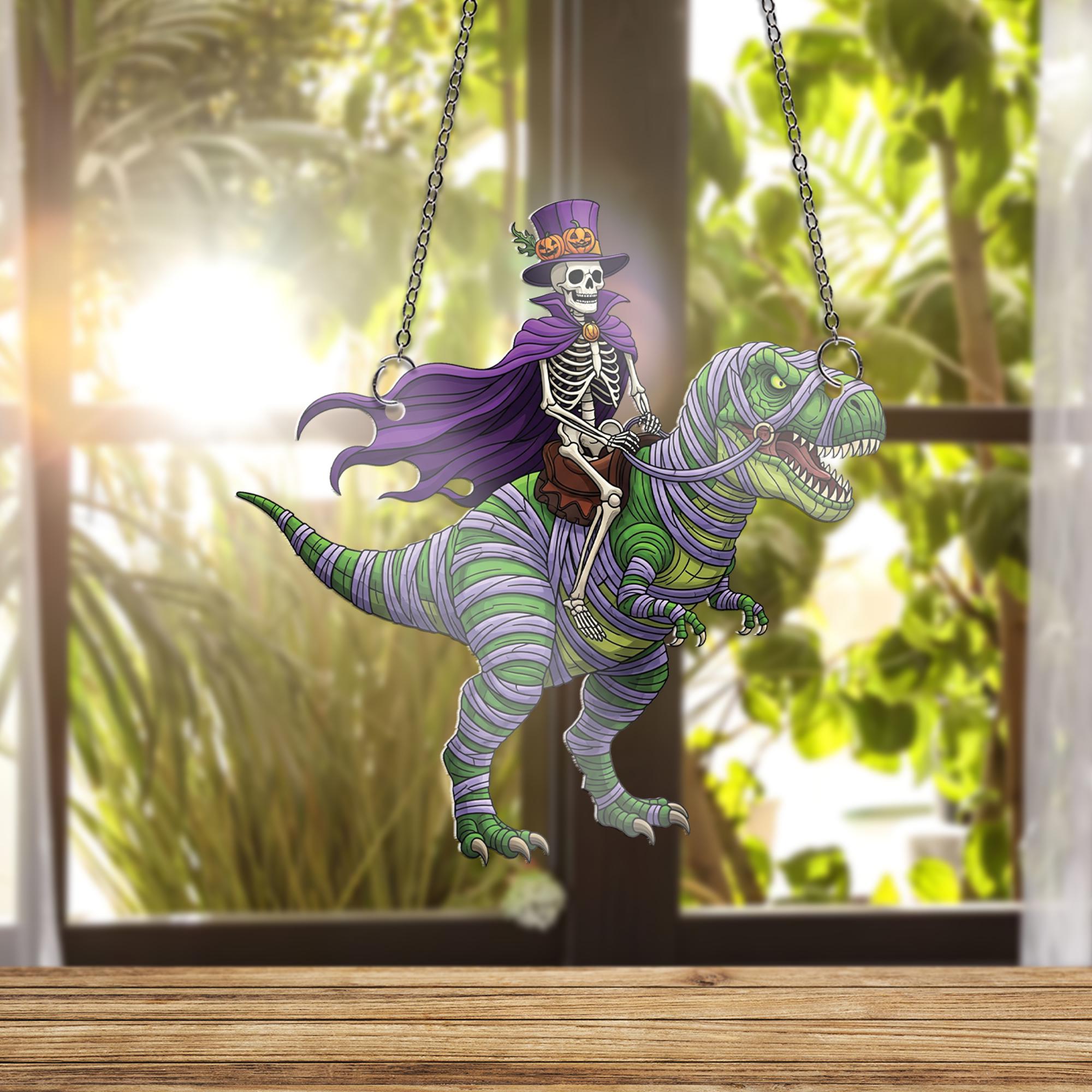 Skeleton Riding T-Rex Ornament, Funny Halloween Decor, Mummy Dinosaur Hanging Art, Spooky Top Hat Skeleton, Quirky Wall Plaque