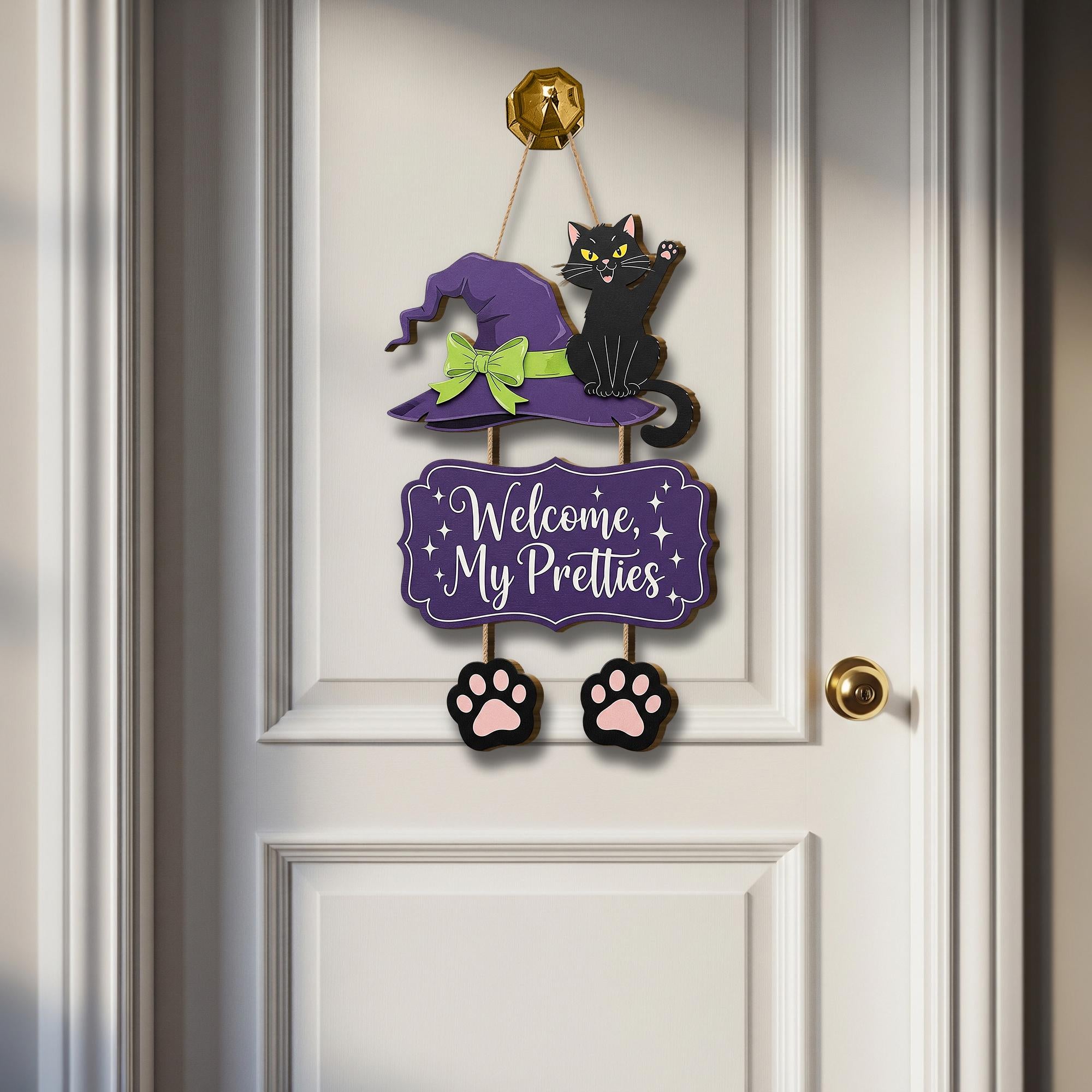 Halloween Cat Door Hanger, Welcome My Pretties Sign, Witch Hat Front Door Decor