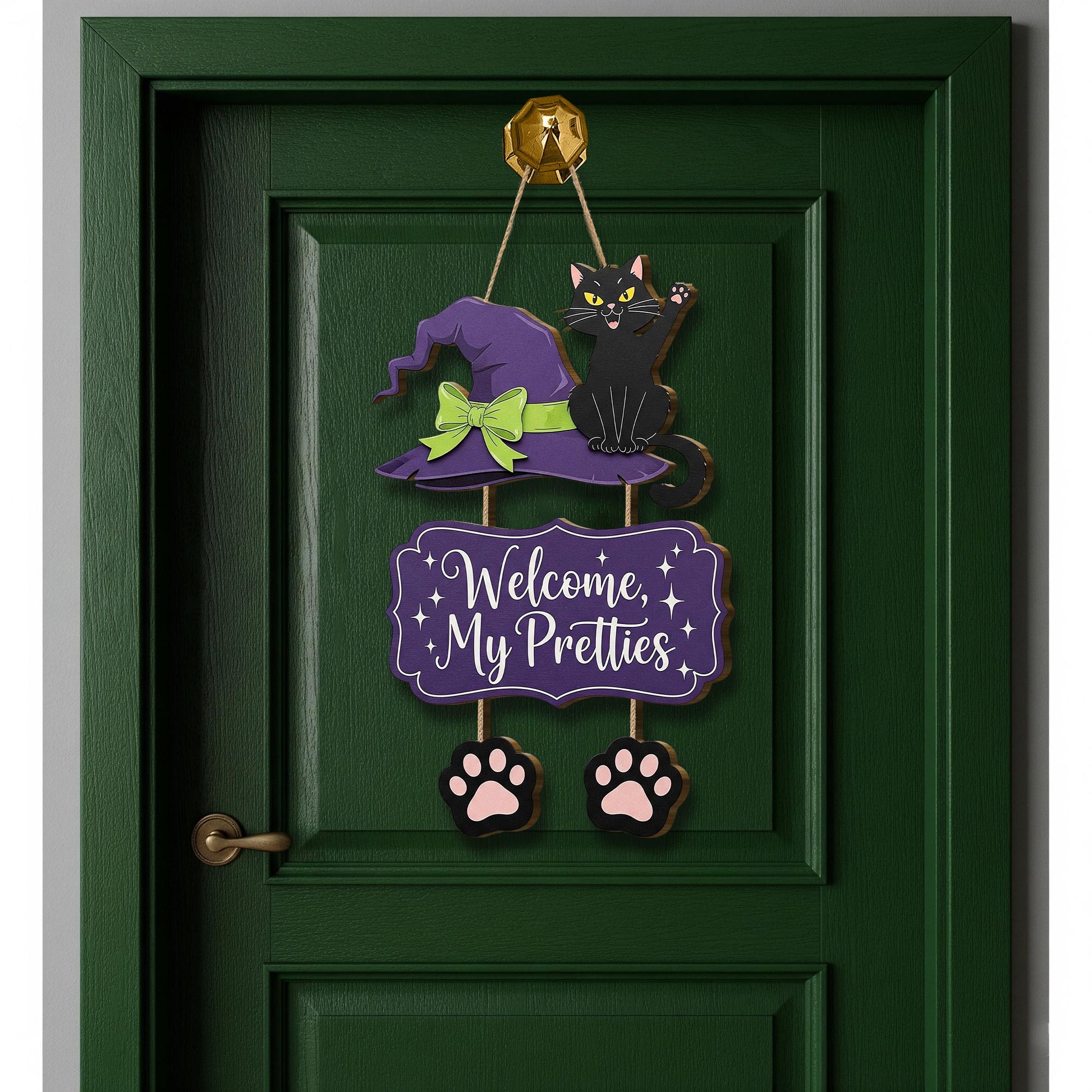 Halloween Cat Door Hanger, Welcome My Pretties Sign, Witch Hat Front Door Decor